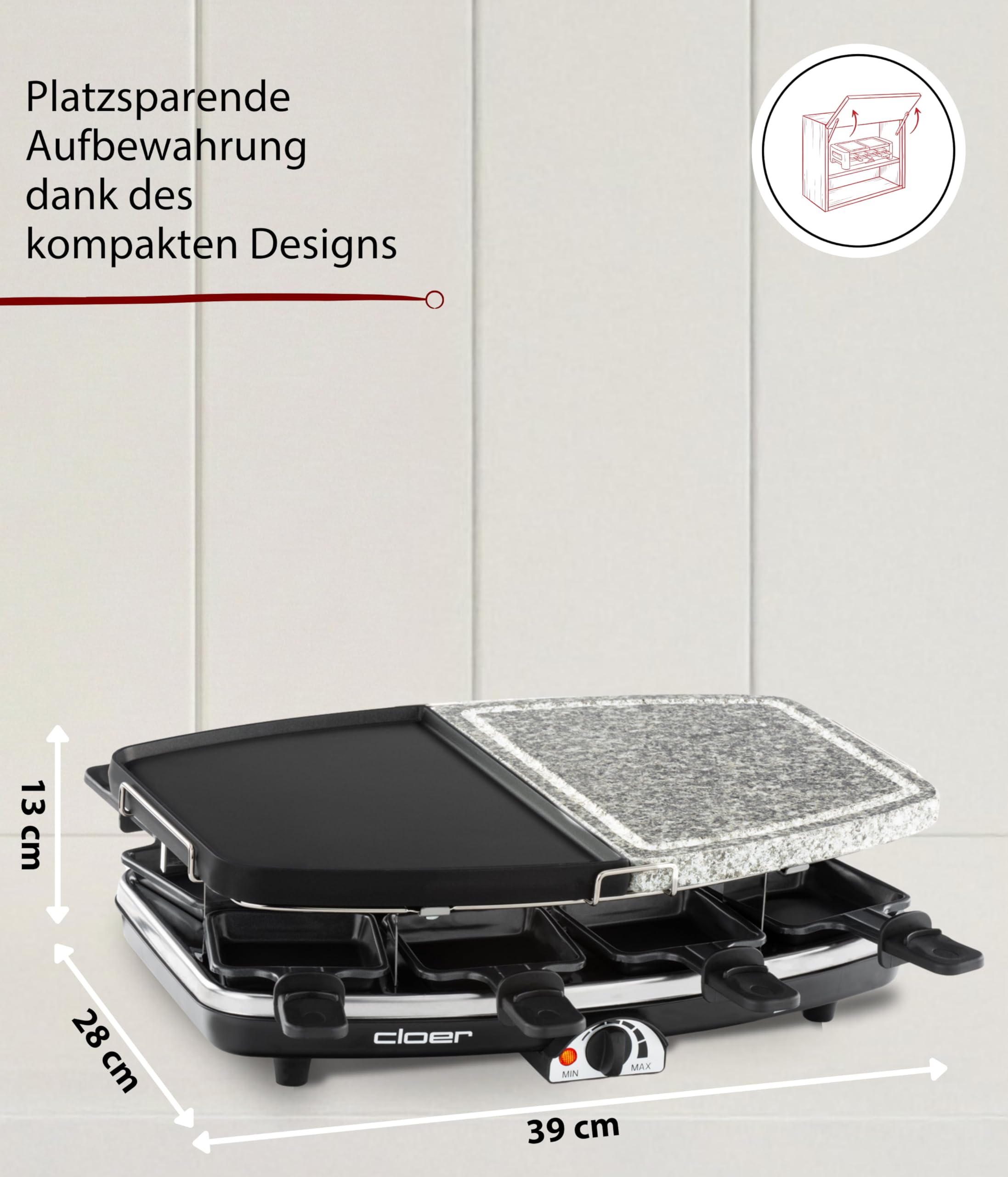 Cloer 6435 Raclette mit Naturstein 1200 W 8 antihaftbeschichtete Raclettepfännchen