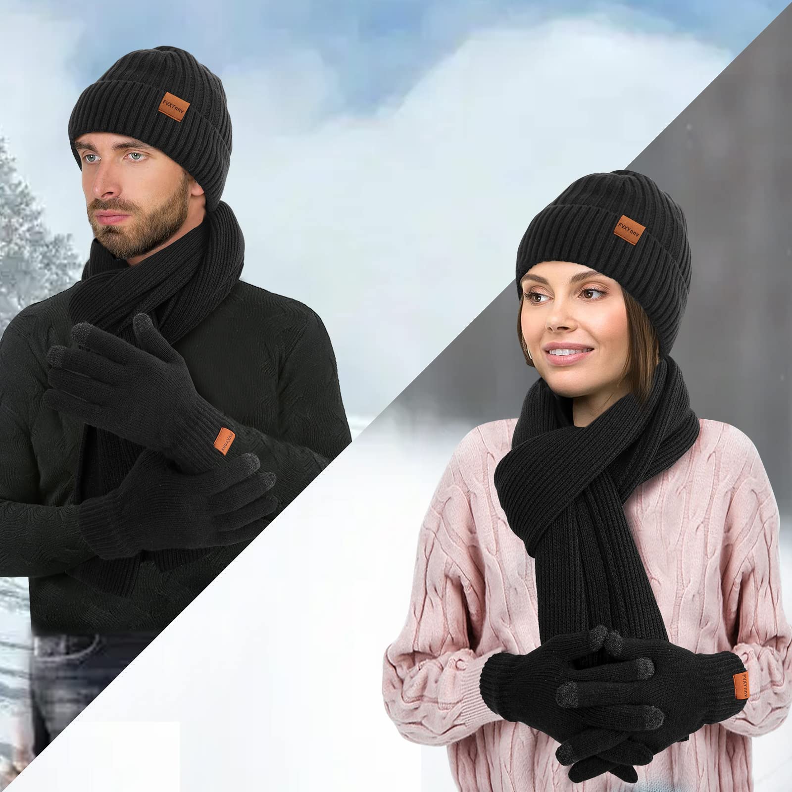 Ensemble Bonnet Écharpe Gants Femme Homme 3 en 1, Tricotés Ensemble d'hiver - Bonnet Hiver Chaud avec Doublure Polaire, Gants Écran Tactile, Echarpe Longue