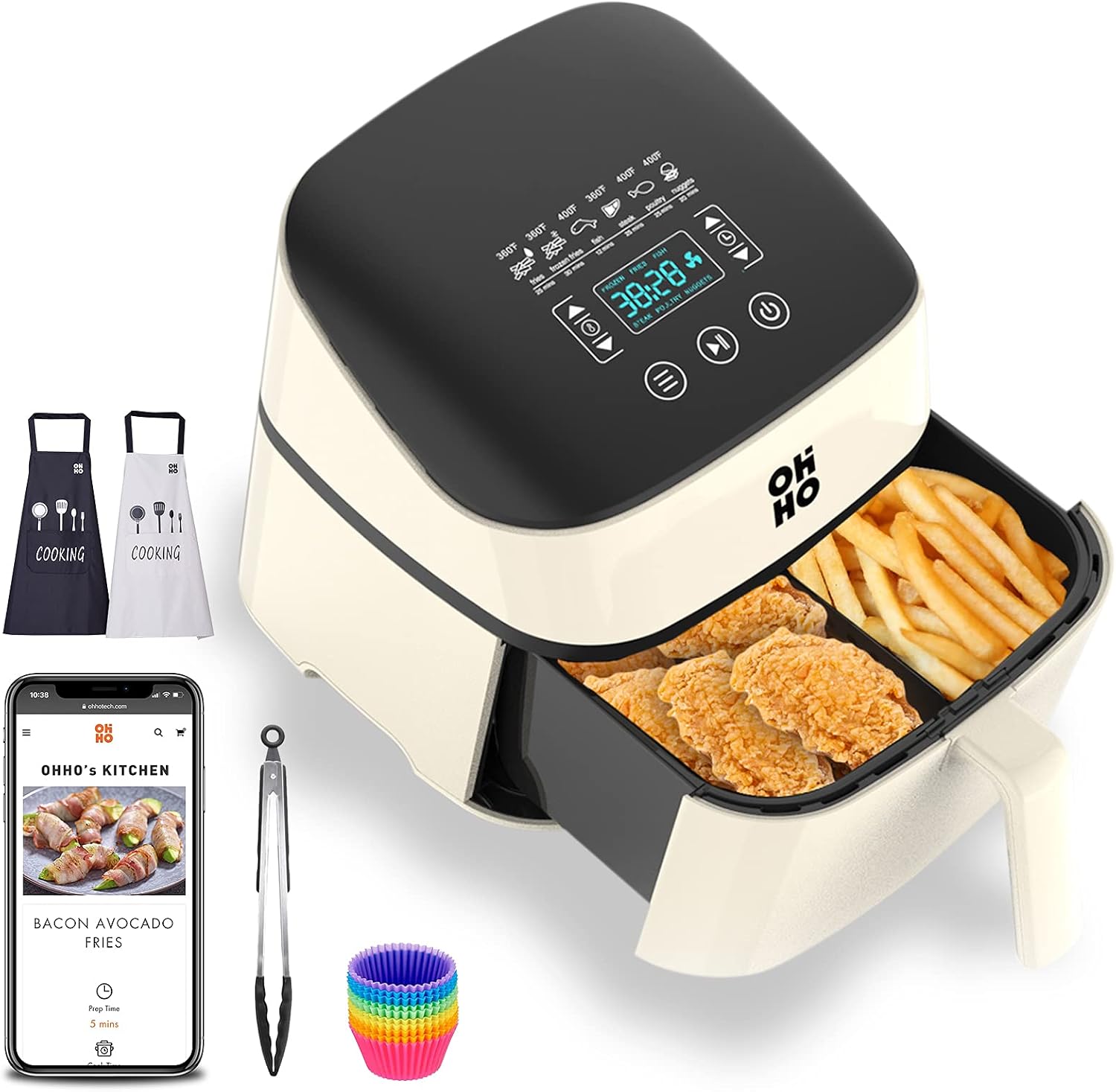OHHO Air Fryer, 8QT Digital LED Touchscreen, 8 Preset Functions for Fry, Temperature Control, Auto Shut Off - Non-stick Flat Basket & Tray, 200+ Digital Recipe (Digital Cream)