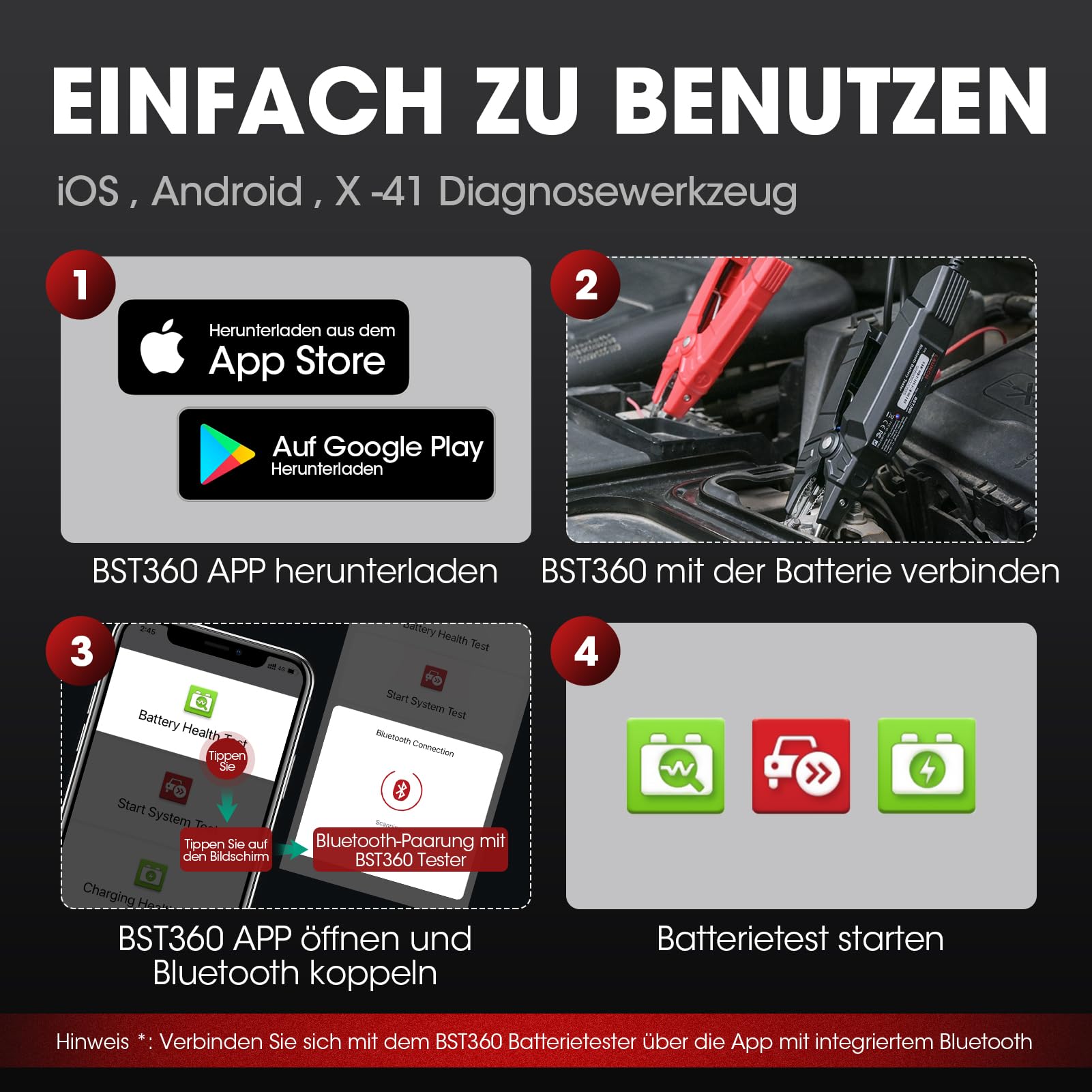 LAUNCH BST360 Batterietester für Auto, 12 V, 100 – 2000 CCA Bluetooth, Werkzeug für Autobatterie, Gesundheitsprüfungen für Auto, LKW, Motorrad, ATV, SUV, Boot, Yacht