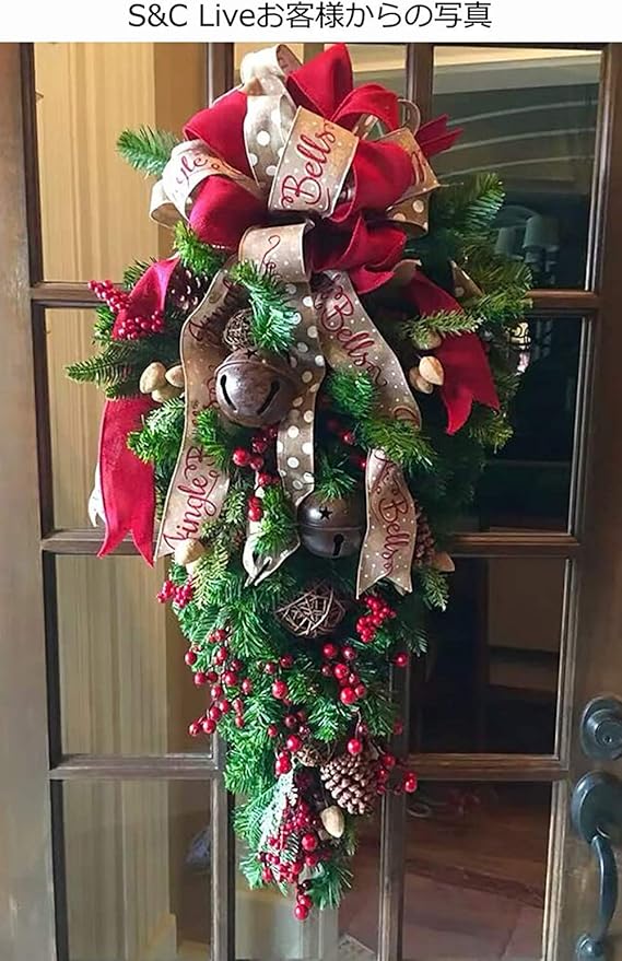 Amazon S C Live クリスマス リース クリスマス スワッグ 北欧風 60cm 玄関ドア フロア クリスマス飾リ 玄関ドア 壁掛け 屋外 松かさ 松ぼっくり 鮮やかな赤い実 ベリー ビンテージ鈴 ビンテージベル ボリューム満点ビッグリボン付 レッド 赤 癒し 家族用 職場用 定番