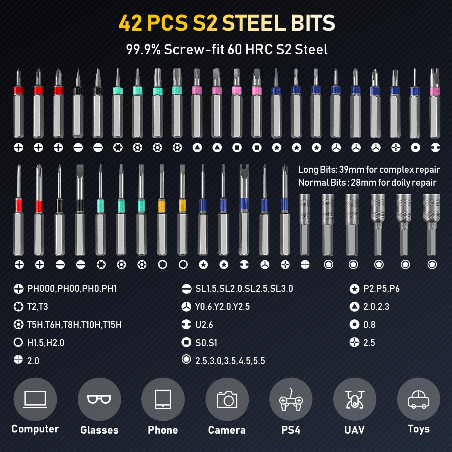 Juego de destornilladores pequeños, destornillador eléctrico 71 en 1 inalámbrico con luz LED, 5 ajustes de torsión, máximo 0.6 Nm, juego de 42 puntas magnéticas, palanca y pinzas, kit de herramientas
