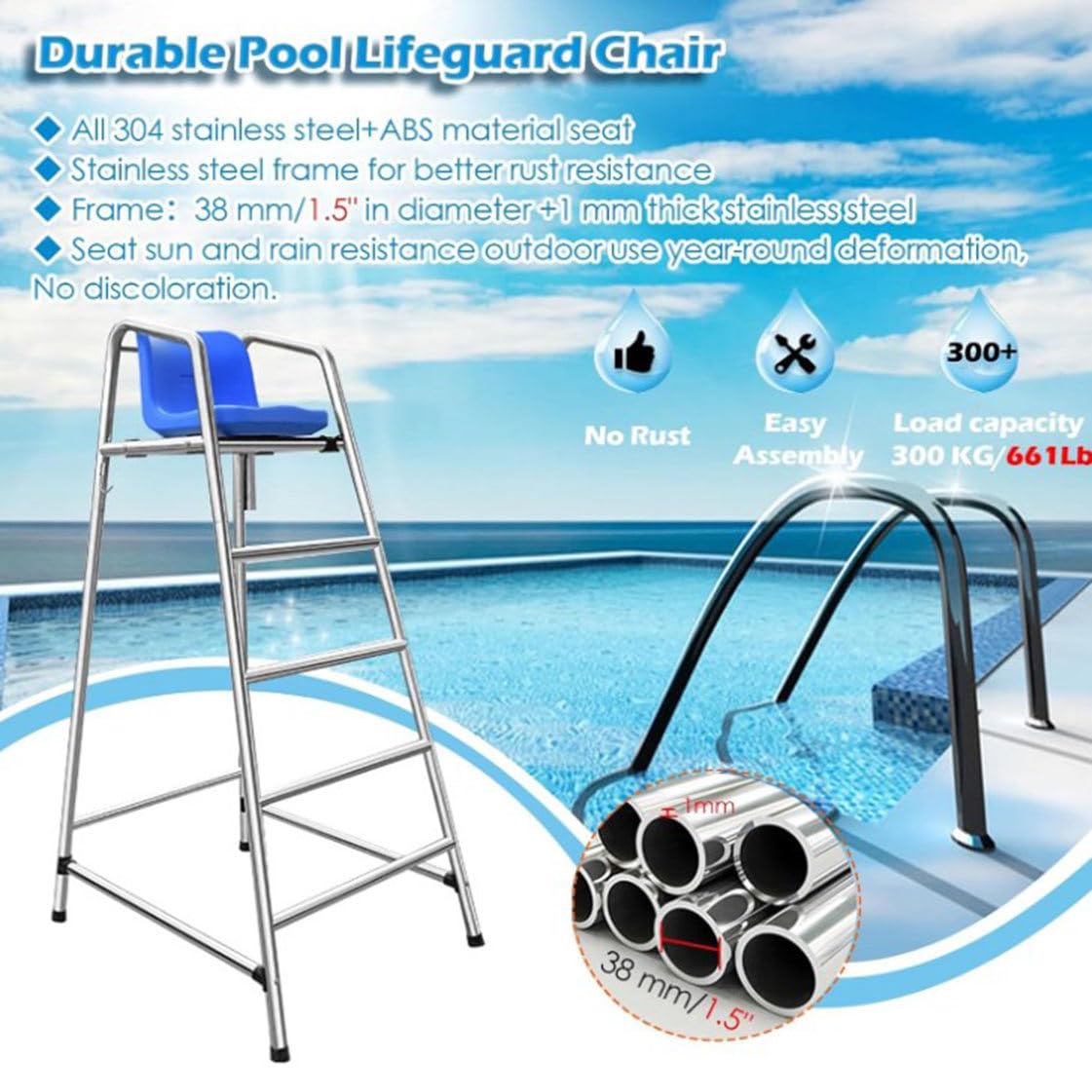 Silla de socorrista de Piscina Escalera de Piscina Equipo de Seguridad Silla de Socorrista, 120/150/ 180cm de Altura Sillas de Salvamento de Alta Resistencia para Playa,H-150cm/59in/4.9ft