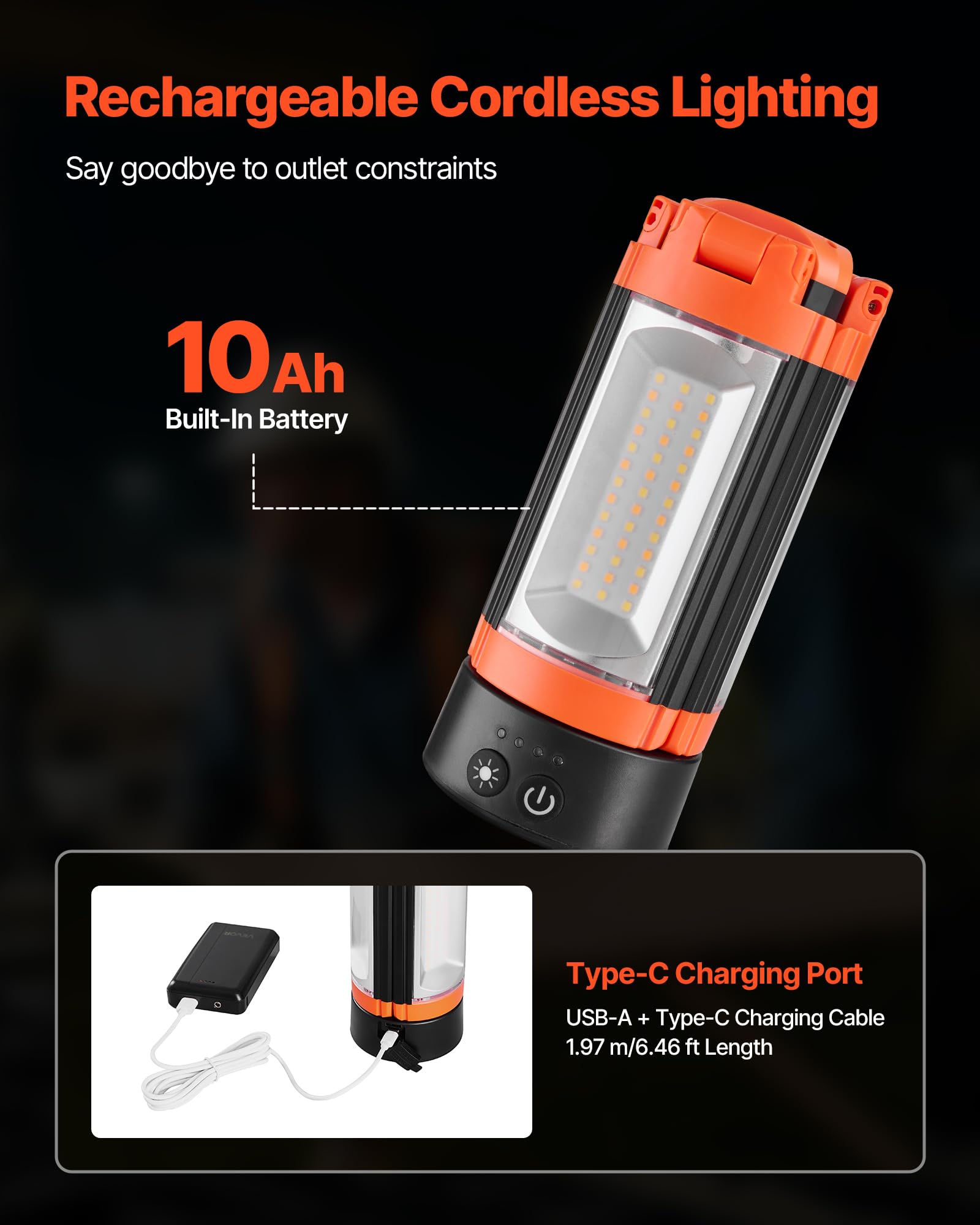 VEVOR Lampada da Lavoro a LED con Supporto 10 Ah, Luce da Campeggio Ricaricabile Senza Fili, 3 Teste Lampada, Treppiede Staccabile, 2200 Lumen 3000 K-6500 K Dimmerabile, Illuminazione per Cantieri