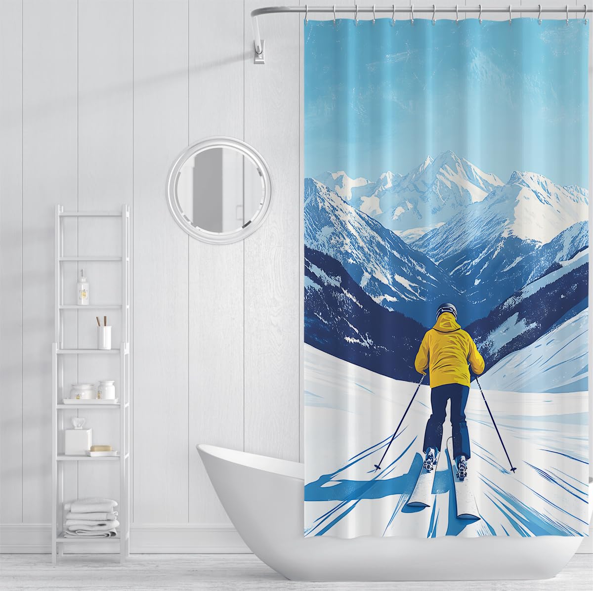 Zmywalne zasłony prysznicowe W200 x szer. 200 cm Narciarstwo Skier Snow Mountain Winter Nature wzór mokry wodoodporny zestaw zasłon prysznicowych z haczykami