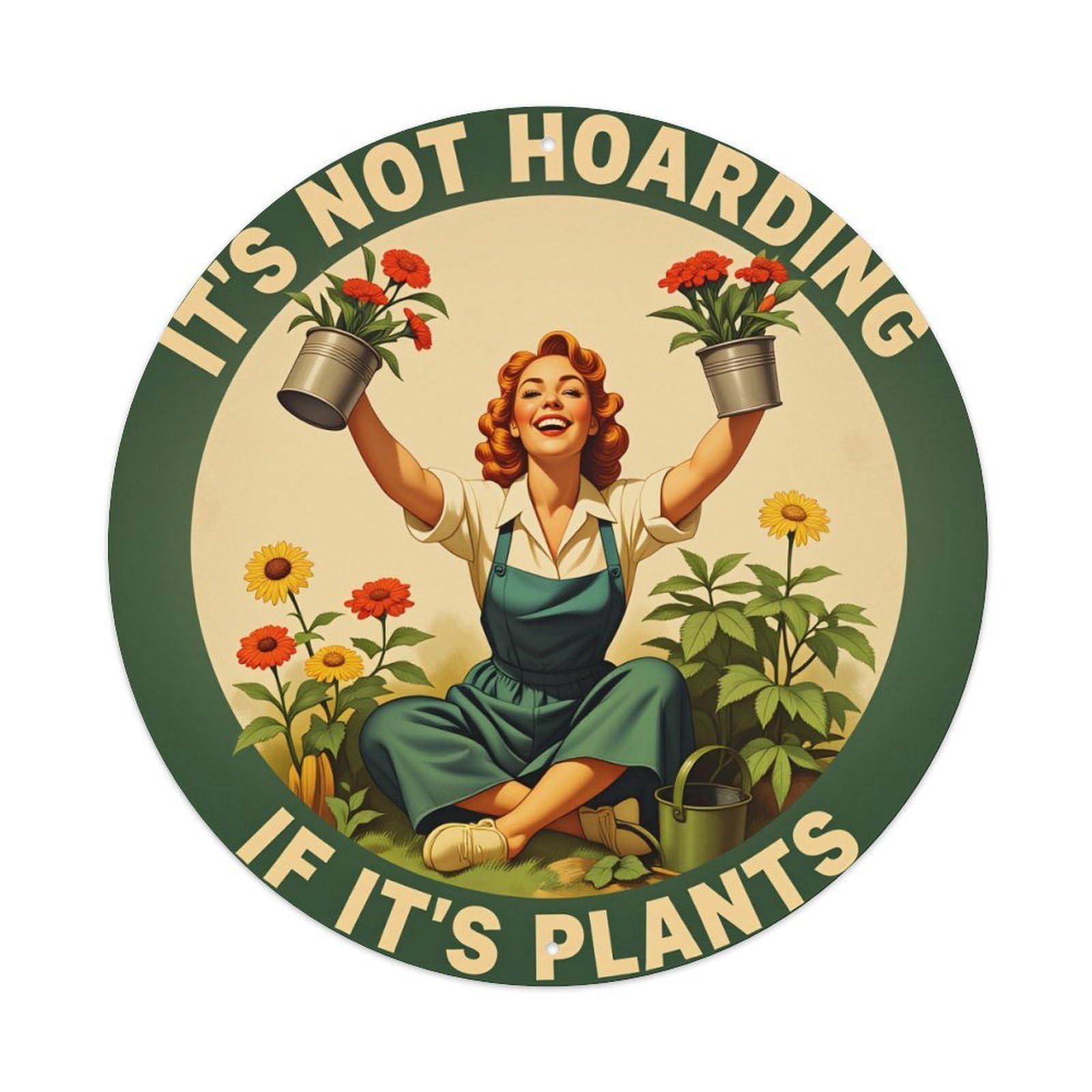 Vintage Woman Holding Plants Round Tin Sign Vintage Metal Poster Retro Bar, Home, Man Cave, Kitchen, Laundry Room Wall Art Decor Gift 8x8Inch