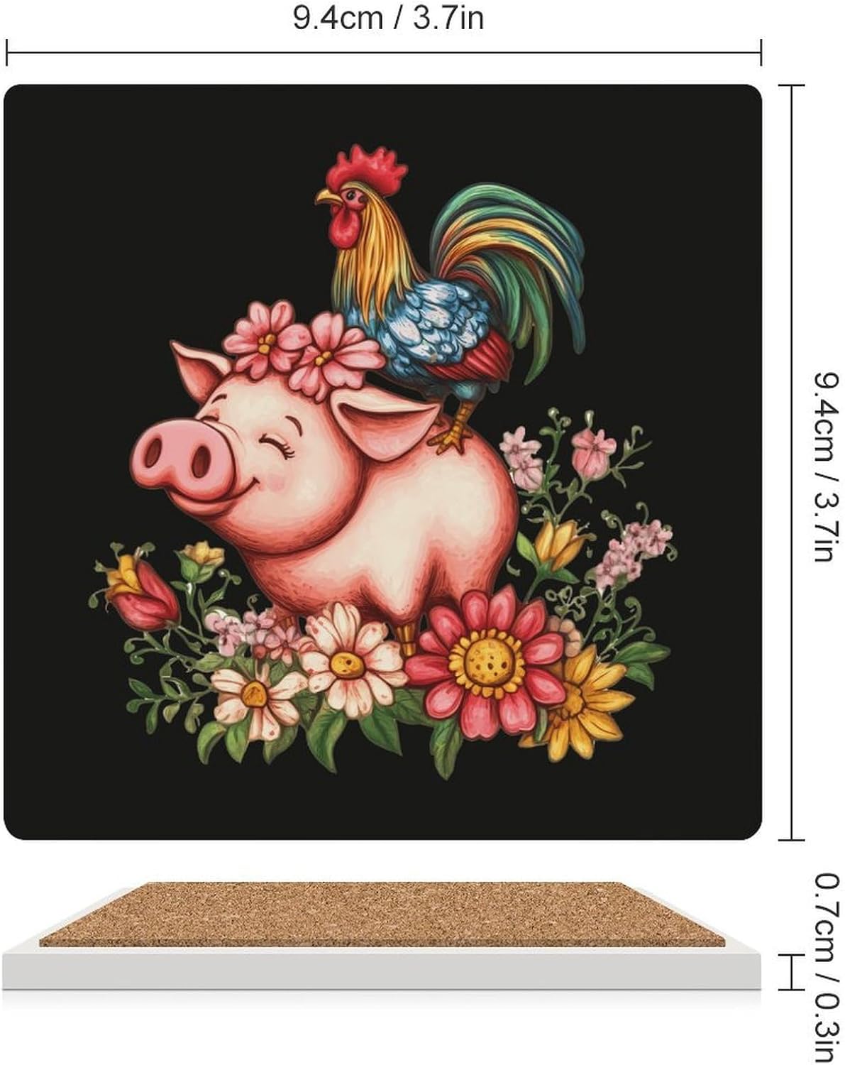 Rooster Pigs Flowers Coasters for Drinks Square Table Coasters Set Cup Mats with Cork Base