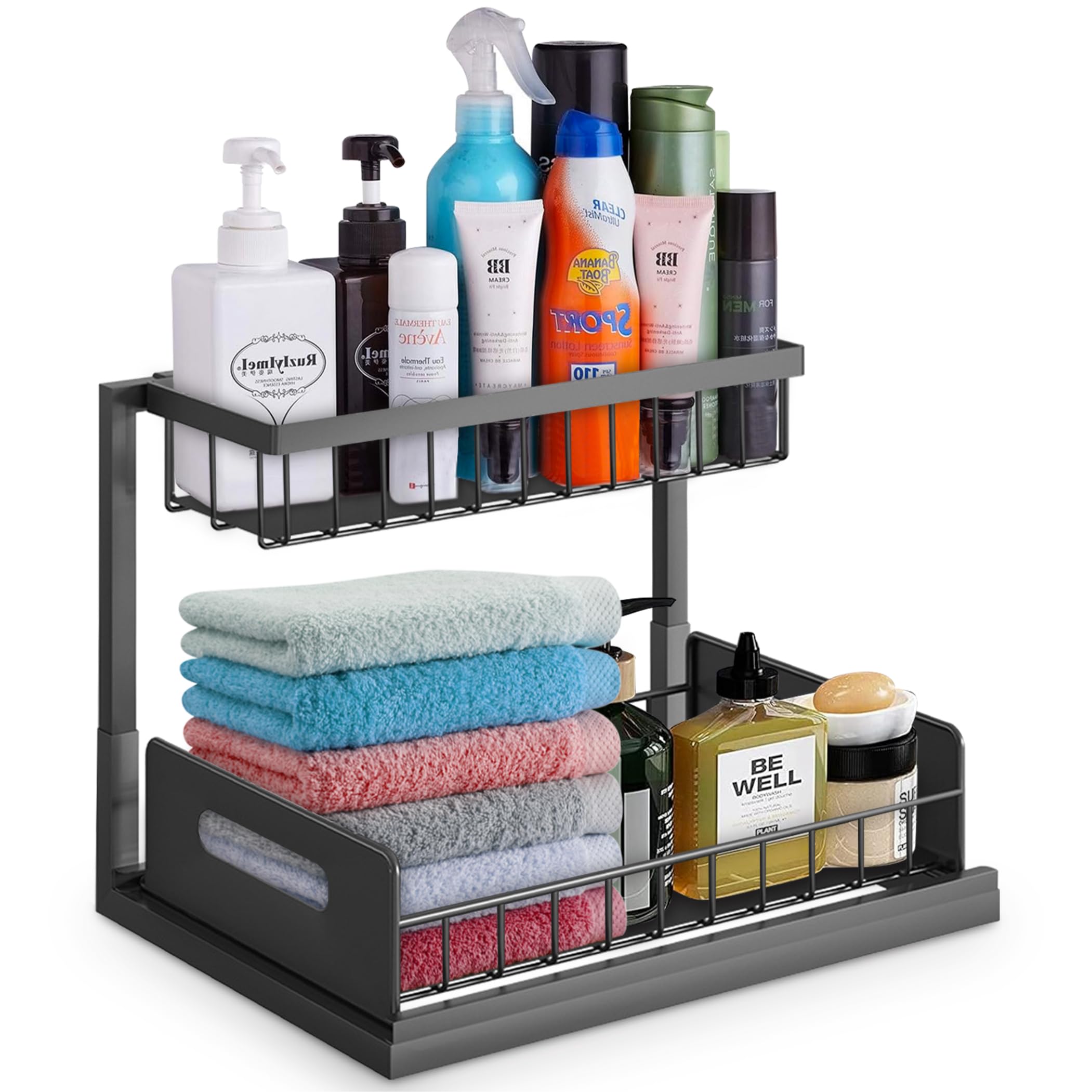 Under Sink Organizer and Storage, 2-Tier Under Sink Organizer for Bathroom & Kitchen Storage, Black Pull Out Sliding Cabinet Organizer Rack, Cabinet Shelves.