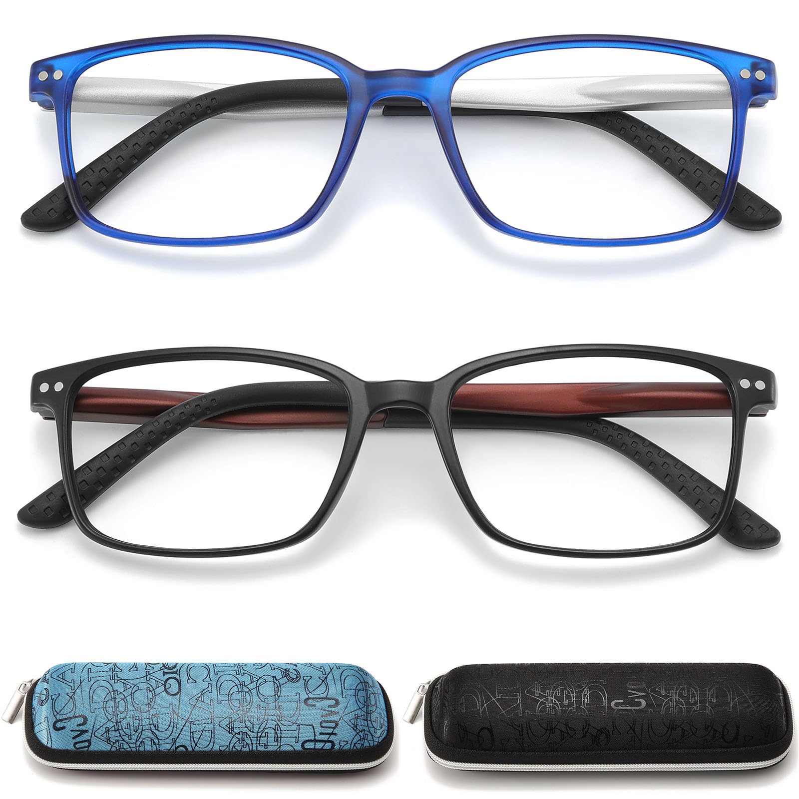 RaoOG Reading Glasses for Men with Spring hinges 3.00 Rectangulart Computer Readers with Blue Light Protection and Case