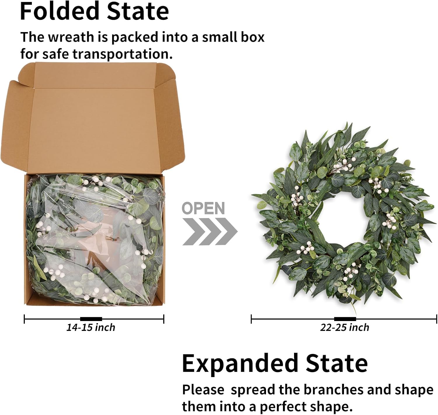 24 Inch Artificial Eucalyptus Wreath for Front Door, All Season Greenery Wreath with Boxwood & White Berries, Farmhouse Decor for Wall, Window, Porch, Spring to Winter