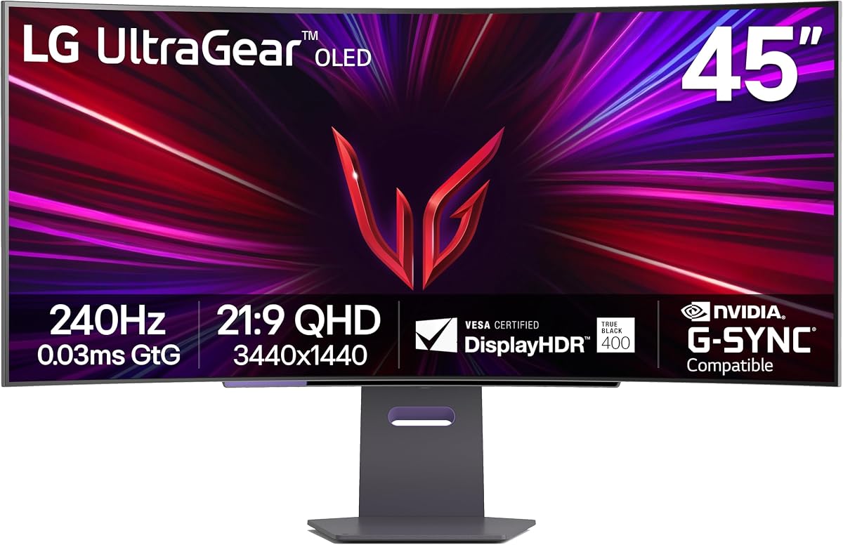 LG 45GS95QE Ultragear OLED Monitor curvo para juegos 45 pulgadas WQHD 800R 240 Hz 0,03 ms DisplayHDR True Black 400 AMD FreeSync Premium Pro NVIDIA G-Sync HDMI 2.1 DisplayPort Soporte inclinable/altura/giratorio - Negro | Compatible con AMD FreeSync, WQHD 800R de 45 pulgadas, 240 Hz, 0,03 ms DisplayHDR True 400 AMD FreeSync Premiu