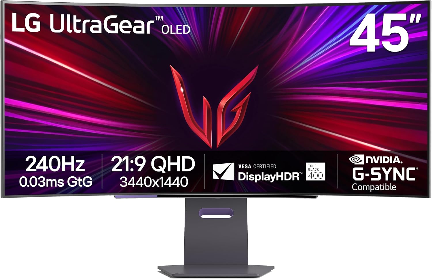 45GS95QE Ultragear OLED Curved Gaming Monitor 45-Inch WQHD 800R 240Hz 0.03ms DisplayHDR True Black 400 AMD FreeSync Premium Pro NVIDIA G-Sync HDMI 2.1 DisplayPort Tilt/Height/Swivel Stand - Black
