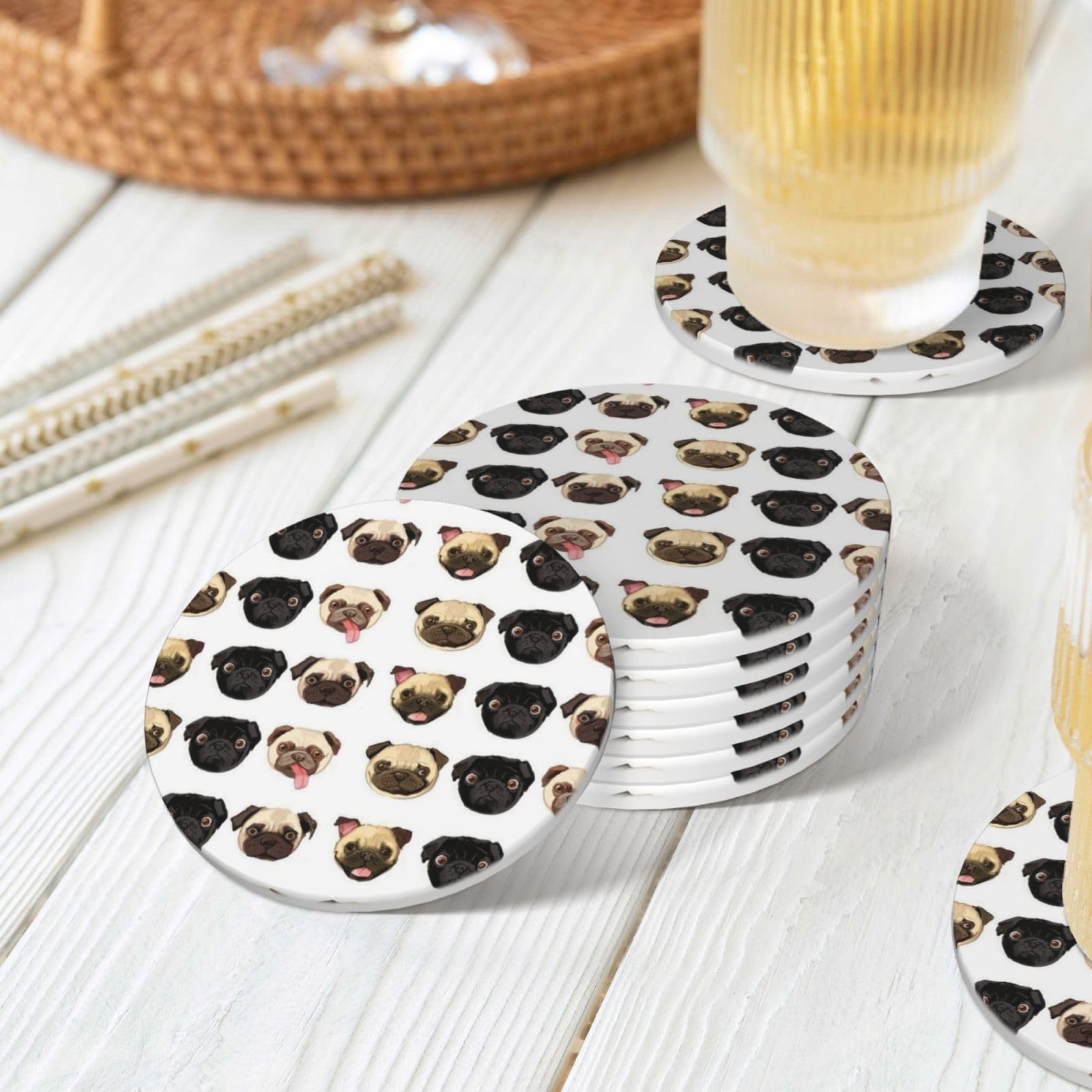 LAMAME Set di 6 sottobicchieri in ceramica con stampa di carlino nero e giallo, per tavolino, decorazione per la casa