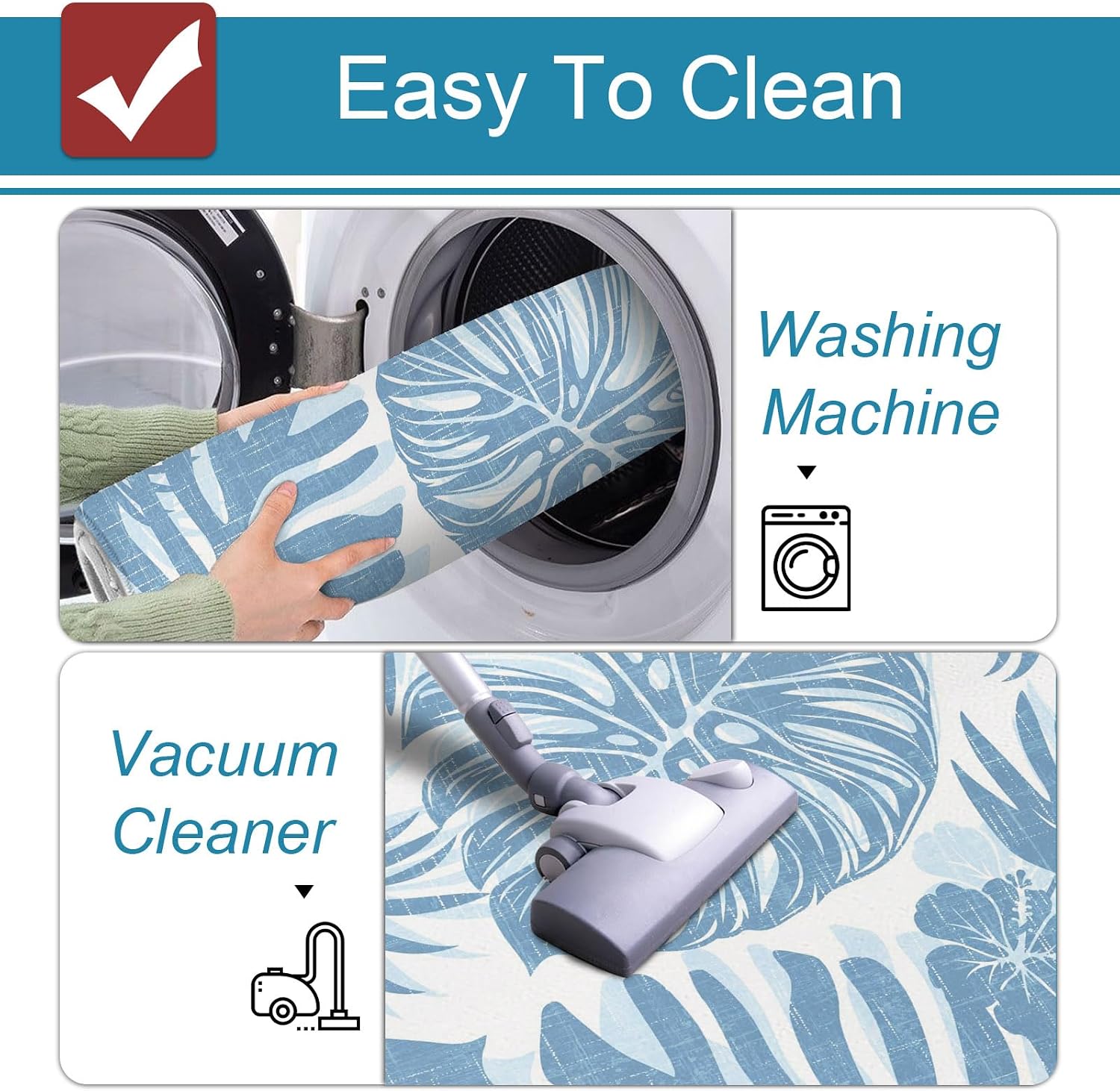 Coastal Blue Palm Leaves Kitchen Mats Set of 2 Tropical Botanical Minimalist Modern Non Slip Mat Washable Floor Rug for Kitchen Sink Floor Laundry, 15.7"x23.6"+15.7"x47.2"