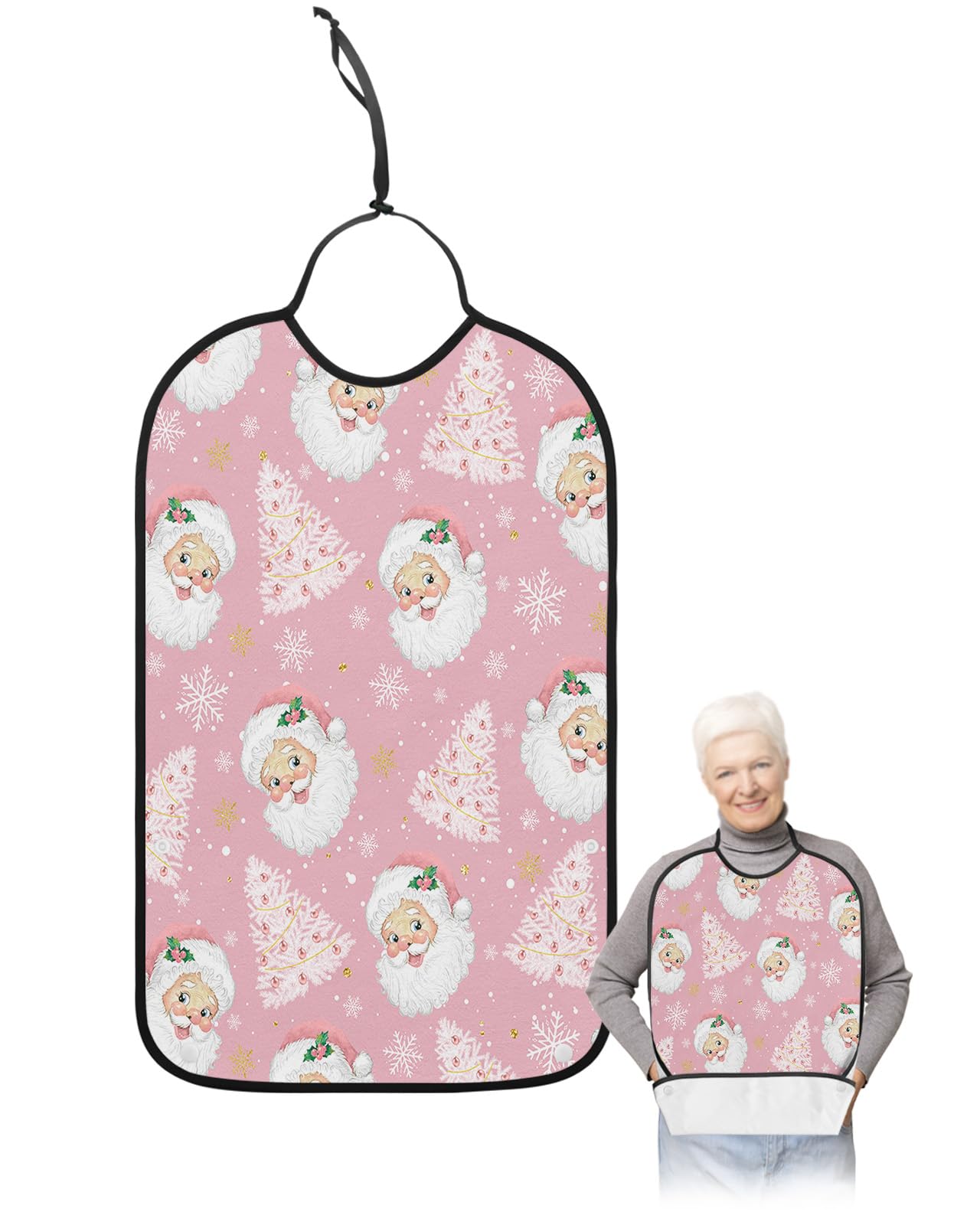 LEOKOTI Pink Santa Christmas Adult Bibs for Eating, Waterproof Bibs with Food Catcher & Adjustable Snap Closure, Pink Xmas Tree Winter Snowflake Washable Clothing Protectors Adult Bibs for Elderly