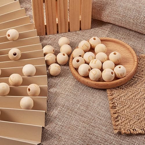 Miniatura 3 de KISSITTY 130 cuentas de madera de letras por caja, agujero grande, cuentas redondas de madera natural sin terminar con patrón de letras A-Z, cuentas
