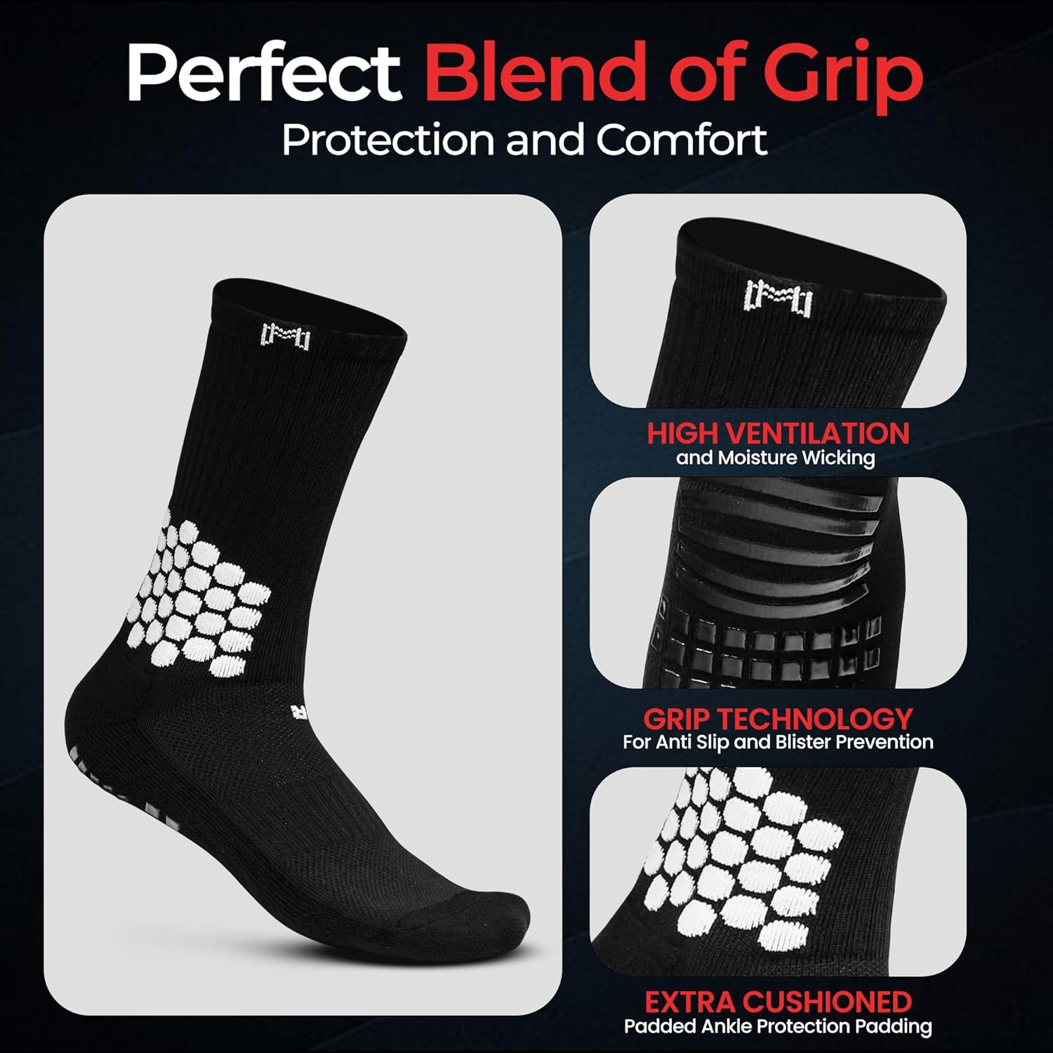 MediCaptain Soccer Grip Socks - Cushioned Ankle Protection, NonSlip Socks With Grip Pads, Athletic Socks for Men Women Youth - Image 3