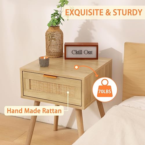 Miniatura 6 de LAZZO Juego de 2 mesitas de noche de madera para dormitorio, con cajón de tejido de ratán, mesa auxiliar para almacenamiento de dormitorio (juego de