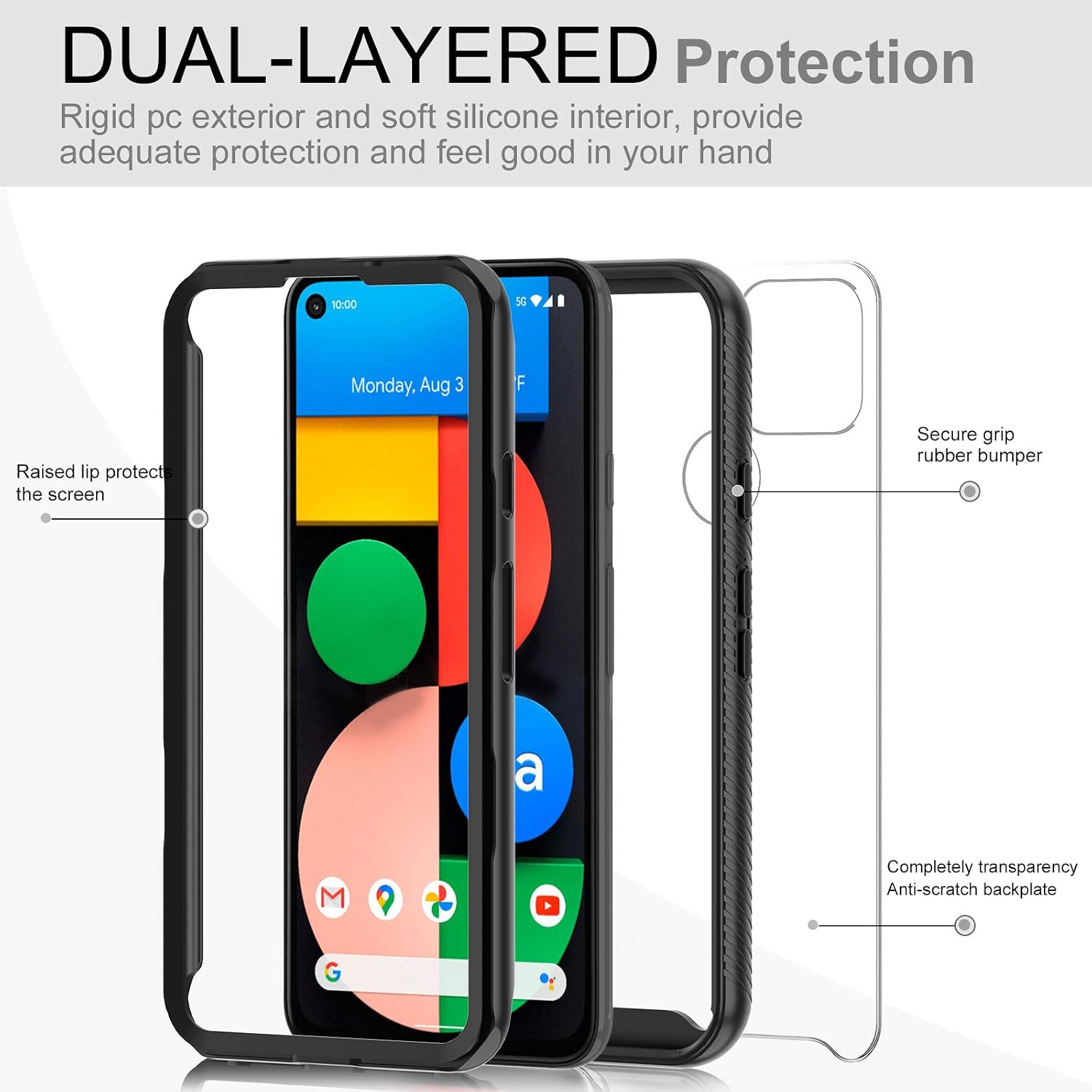 Pixel 4A 5G Case (Not Fit 4G), Google Pixel 4A 5G Case with 2 Tempered Glass Screen Protector, LeYi Full Body Protective Rugged Hybrid Bumper Shockproof Clear Phone Cover Case for Pixel 4A 5G, Black