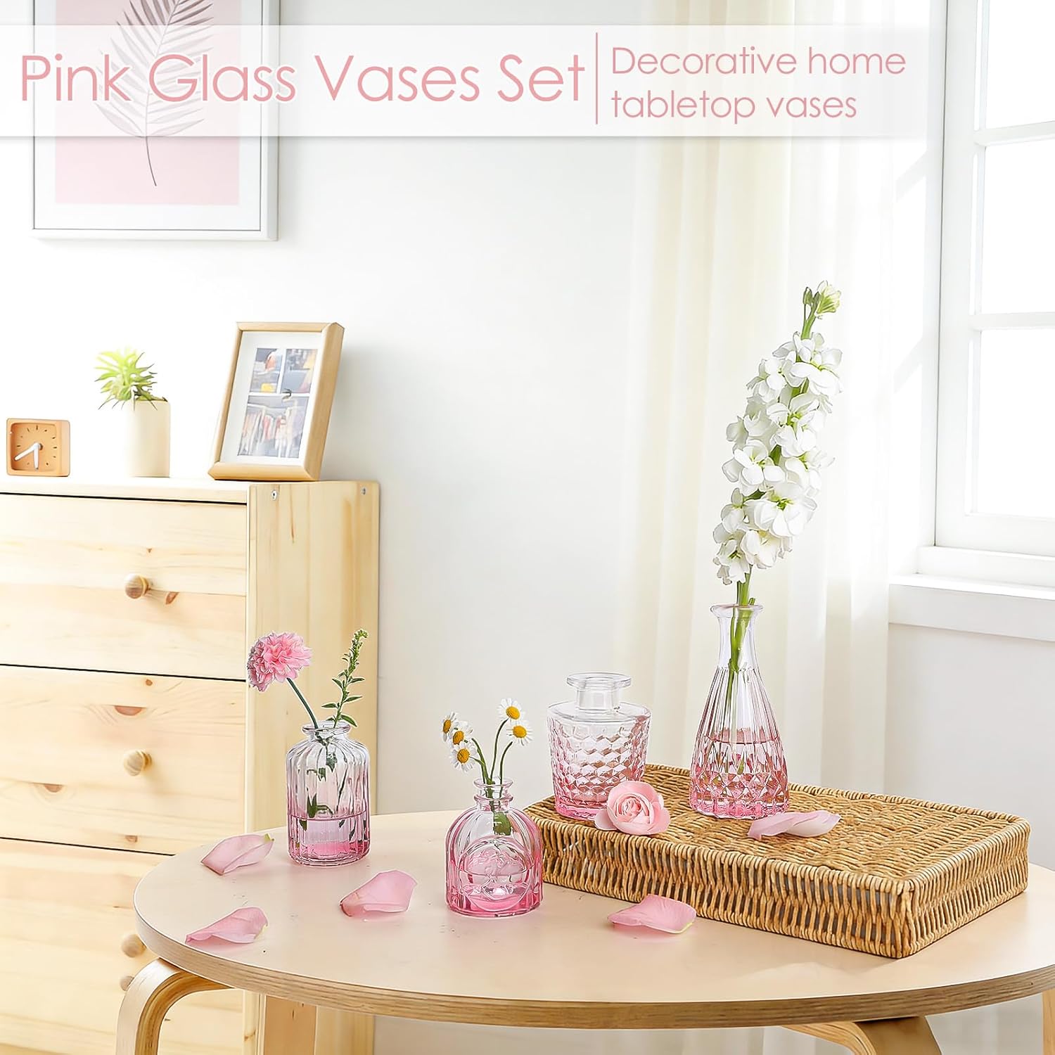 TBWIND Pink Glass Bud Vases Set of 12, Vintage Mini Vases for Centerpieces, Glass Bud Vase in Bulk for Wedding Decor, Single Flowers, Office and Home Table Flower Décor