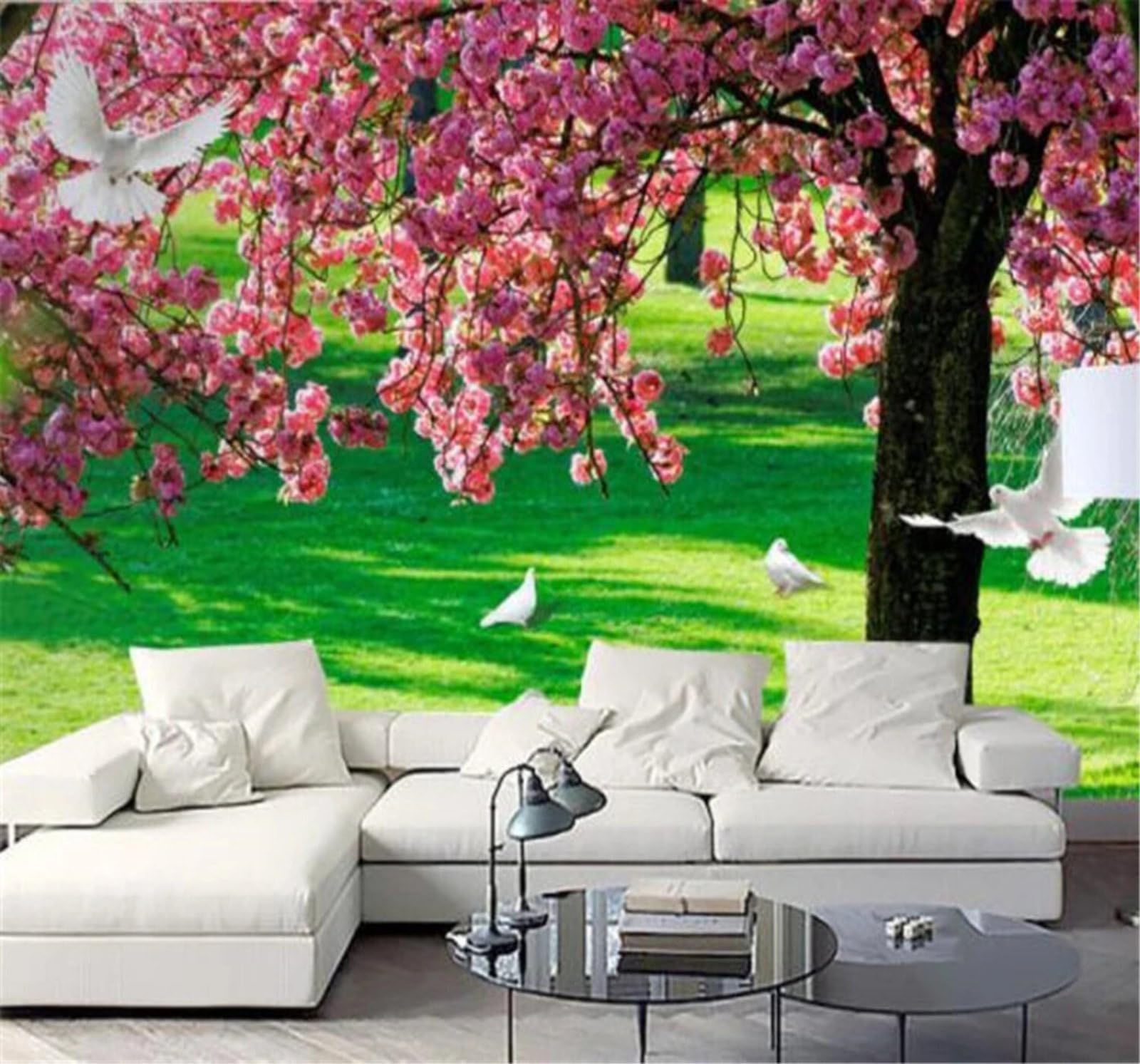 Xlming 300Cm×210Cm(B×H) Romantic Ethereal Cherry Tree Lawn Pigeons 3D Wallpaper Luxury Silk Study Dining Feature Sofa Grey Bedroom Living Room Tv Decorative Wall-300Cm×210Cm