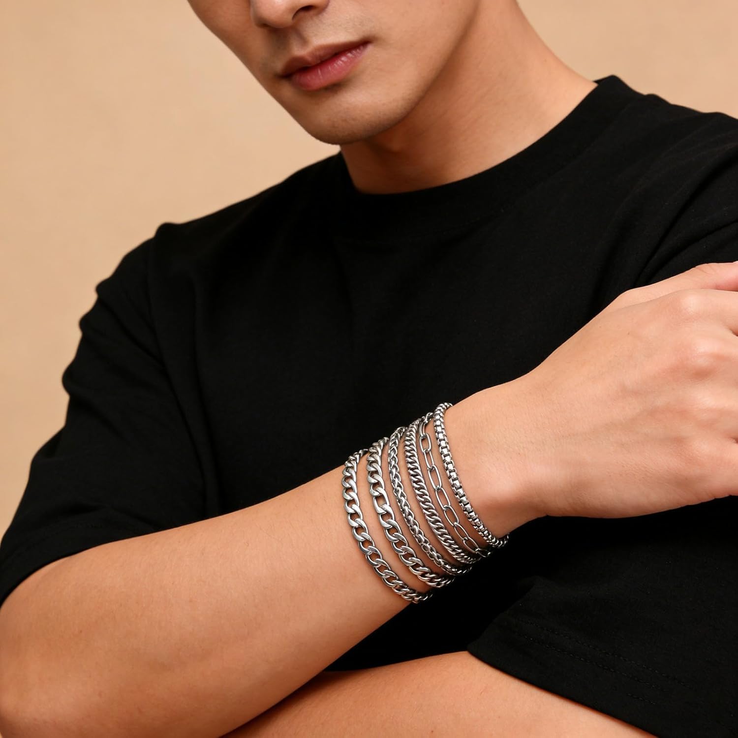 6PCS Silver Bracelets for Men Stainless Steel Cuban Chain Bracelet Silver Chain Bracelet Set 316L Stainless Steel Figaro Rope Cuban Link Bracelet Jewelry for Men/Women - Image 6