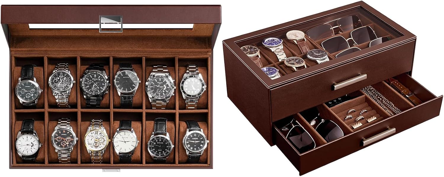 ProCase Brown 12 Slot Watch Box and Espresso 6 Slot Mens Jewelry Box Bundle, Watch and Jewelry Organizer with Glass Lid, Storage for Watches Rings Bracelets Sunglasses