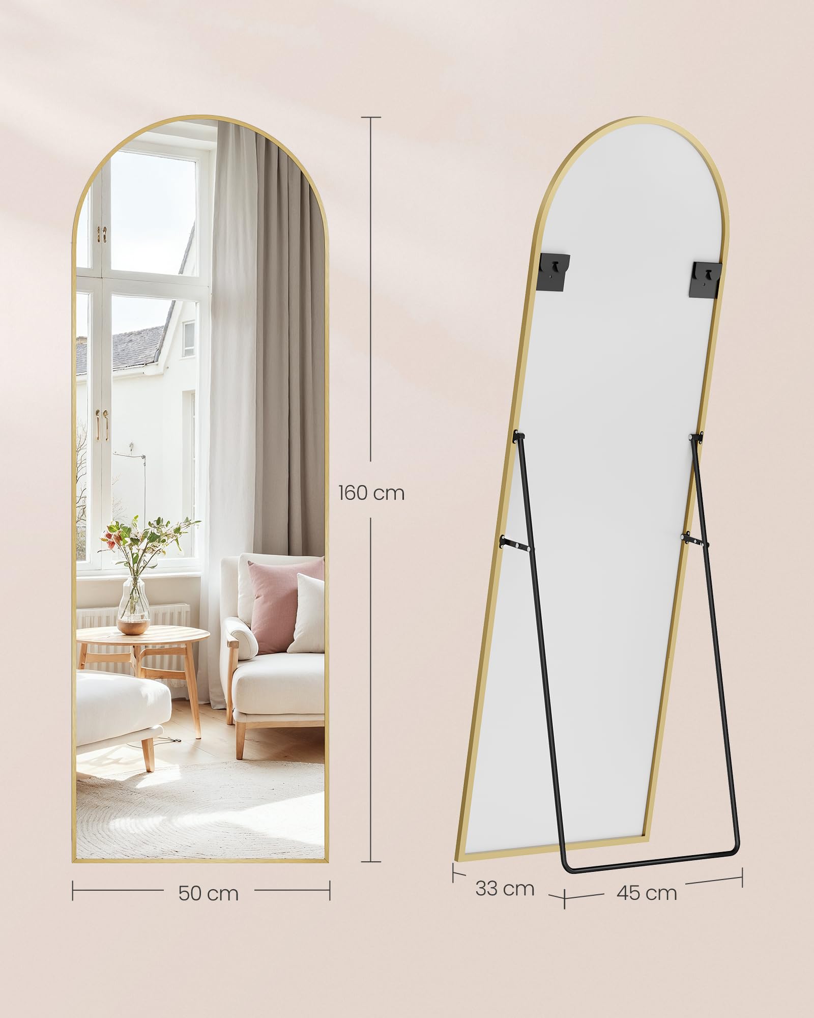 SONGMICS Ganzkörperspiegel, 160 x 50 cm, gewölbter Standspiegel, Rahmen aus Aluminiumlegierung, Hartglas, für Schlafzimmer, Wohnzimmer, Garderobe, blassgold LFM031A01