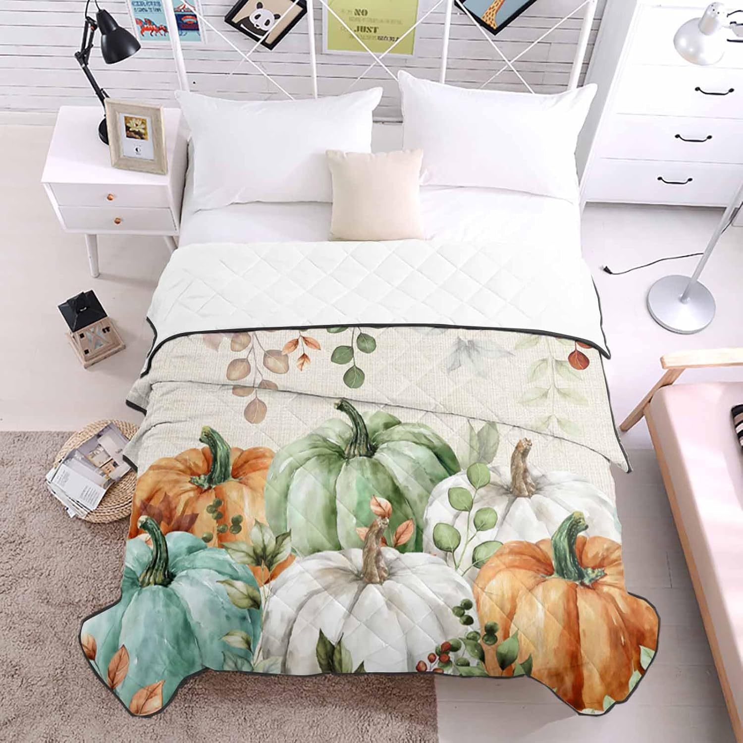 T&H XHome Quilt Full Size Luxury Quilted Comforter Bedspread-Thin Soft Cozy, Fall Vintage Sage Green Orange Eucalyptus Leaf Pumpkin Reversible Stitched Lightweight Quilt Coverlet for All Season