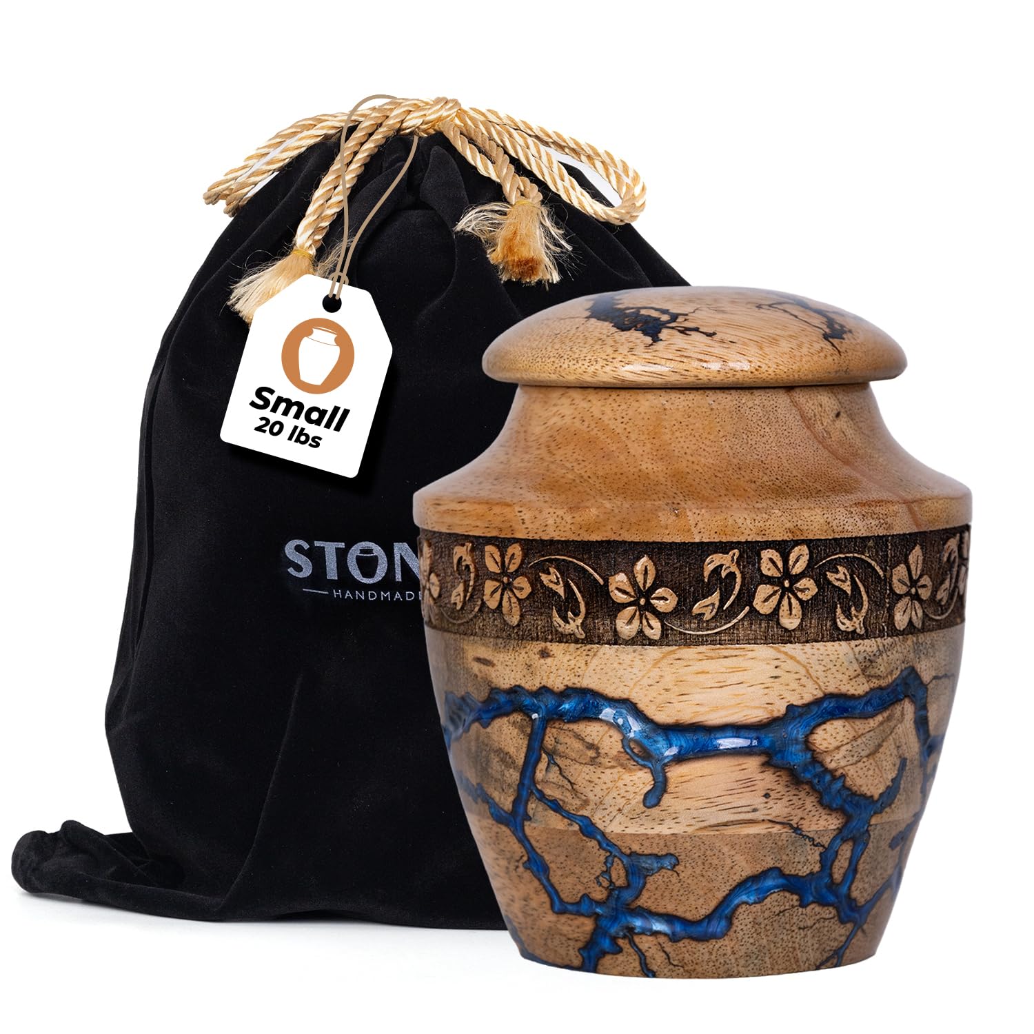 STONLIF Wooden Cremation Urns for Human Ashes - Decorative Urn, Urns for Human Ashes Adult Male & Female - Funeral, Burial Urns for Mom, Dad, Men, Infant, Child - Blue, Small