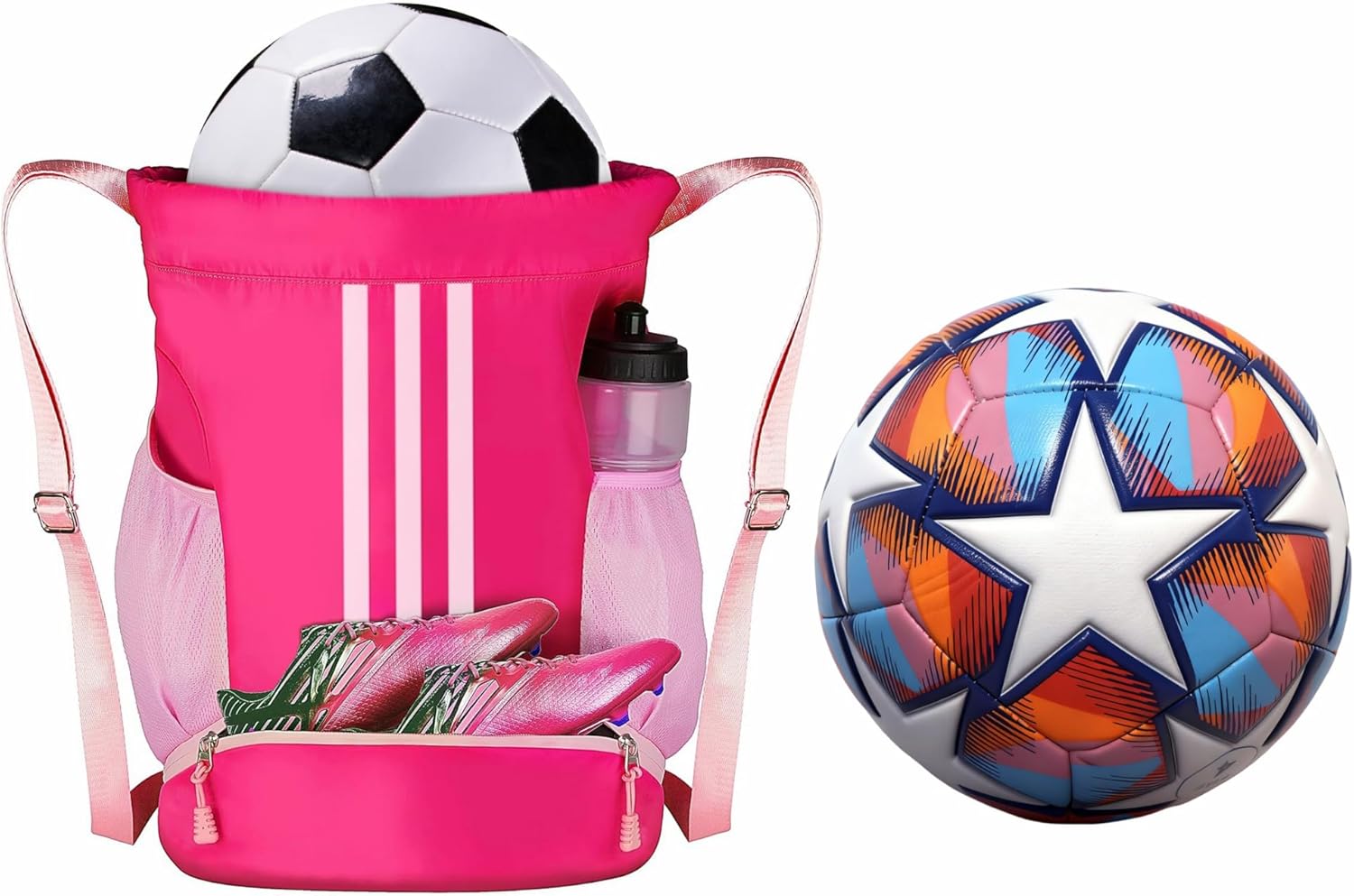 Soccer Bag and Soccer Balls Size 4 for Girls Youth Basketball Bag with Compartments Drawstring Backpack for Football Volleyball Gym