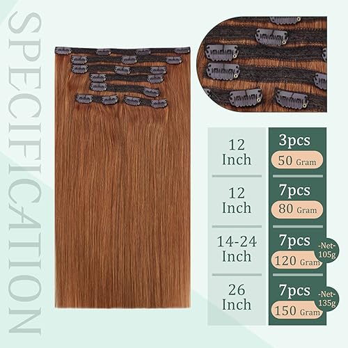 Miniatura 3 de Fshine Extensiones de cabello humano con clip, 7 unidades, extensiones de cabello Remy sin costuras, extensiones de cabello humano con clip, doble