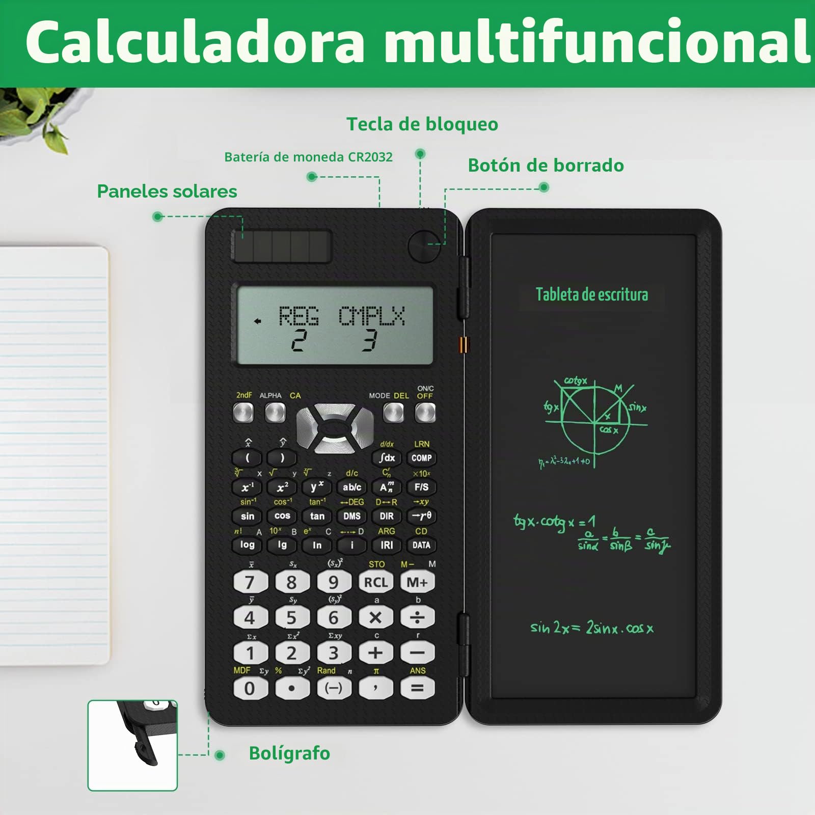 NEWYES Calculadora Científica con Tableta Escritura y Bolígrafo,991MS-Negro | 349 Funciones, Solar y Batería, Pantalla de 2 Líneas, Material Escolar para Estudiantes y Profesionales