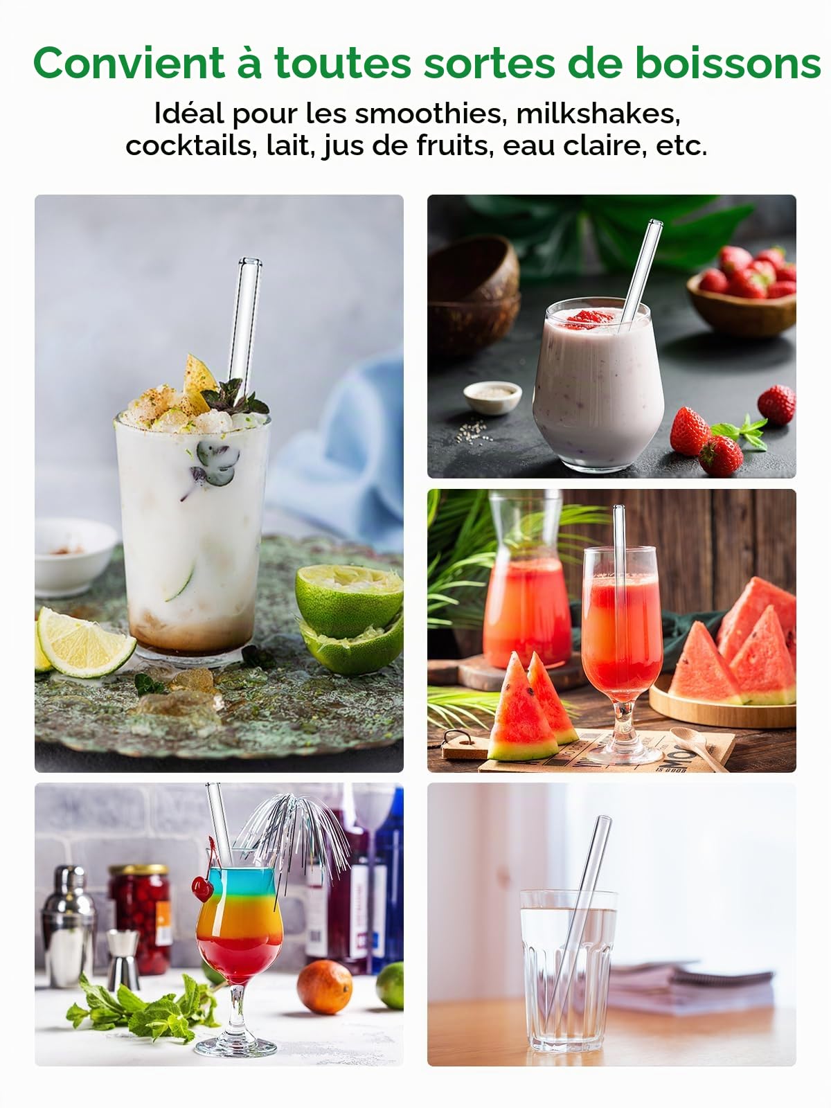 Realure Lot de 4 Pailles en Verre Transparente 14mm 21.5cm pour Bubble Tea Smoothie Cocktail