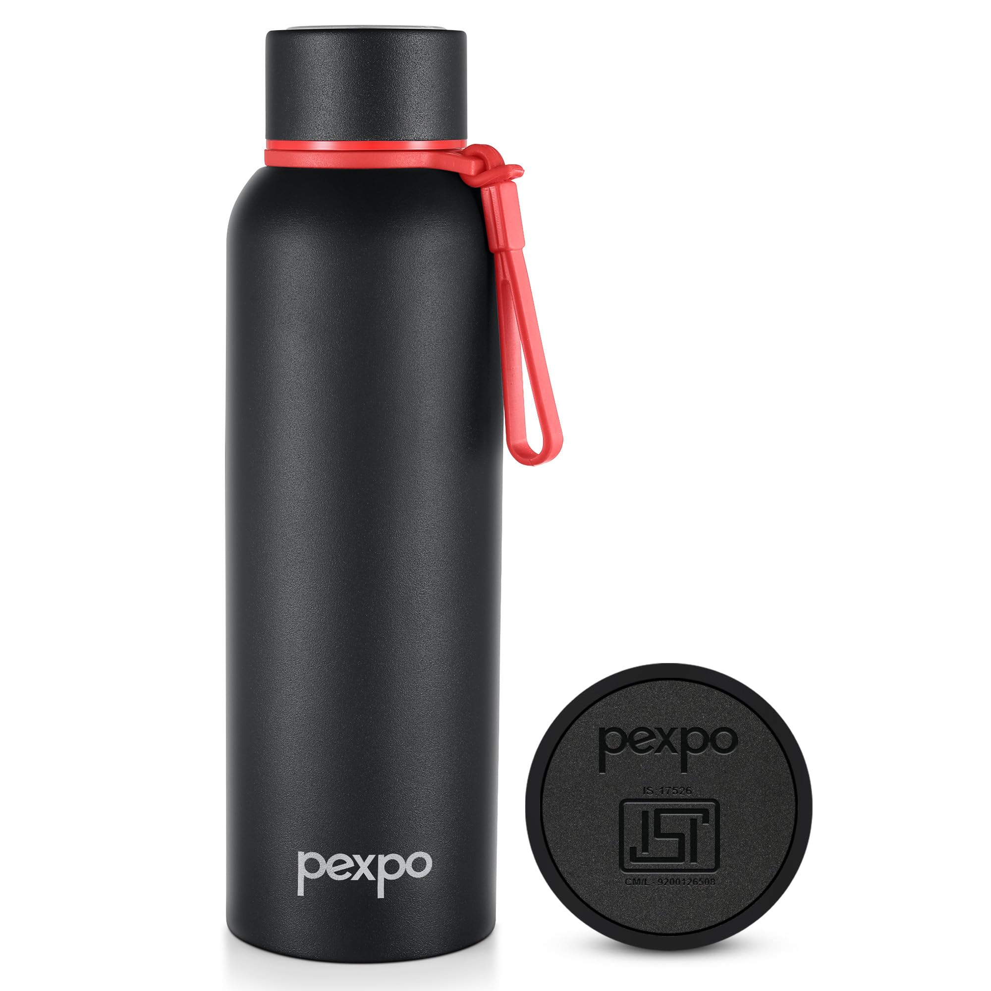 Pexpo Bravo ISI Certified Stainless Steel Water Bottle - 700ml | Double Wall Vacuum Insulated Flask | Hot & Cold Thermos | Leakproof | Ideal for Home, Office, Gym, School - Knight Black