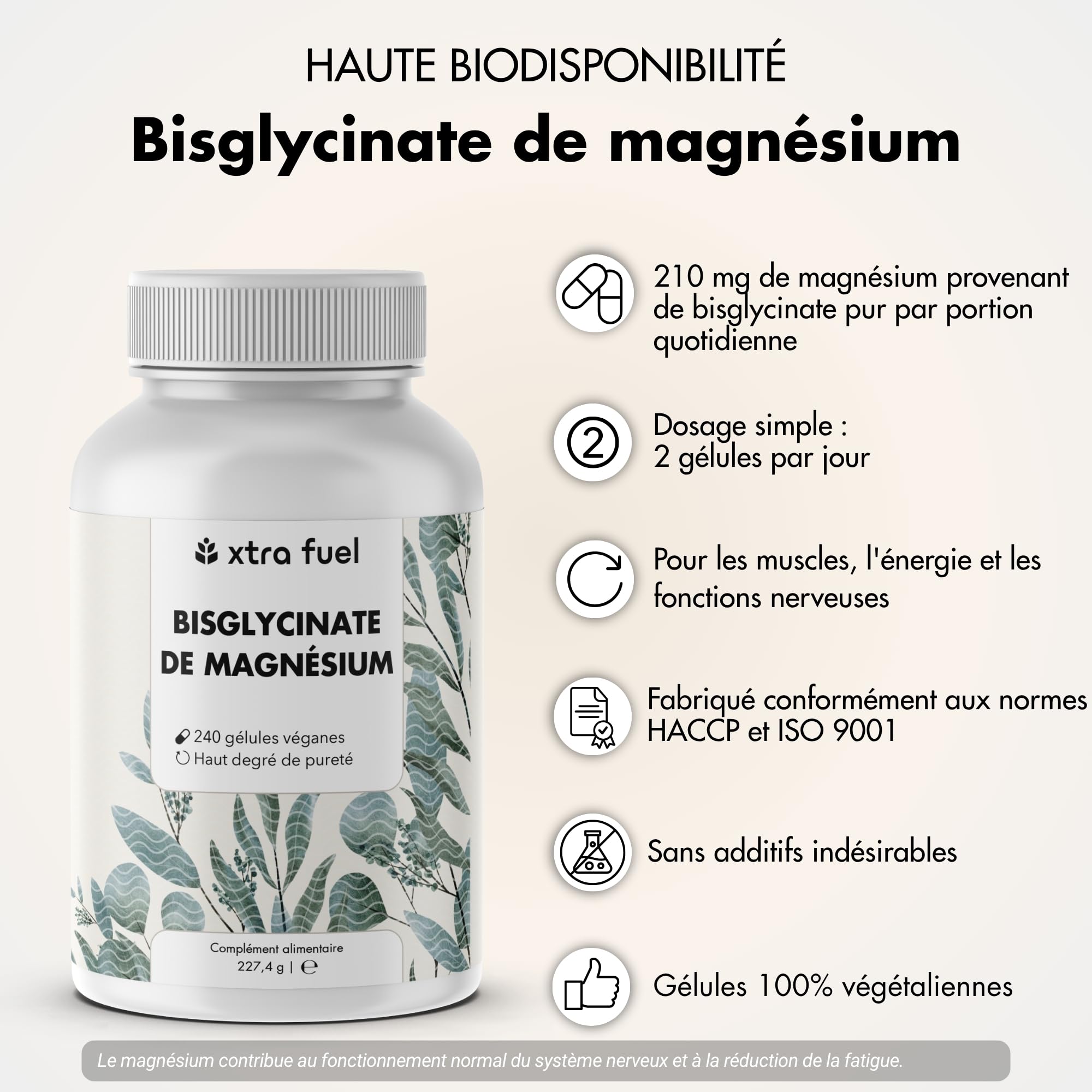 Magnésium Bisglycinate Chélaté – 480 gélules véganes