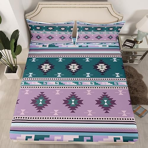 Miniatura 8 de Juego de sábanas aztecas con estampado de caballos tribales africanos, sábana bajera ajustable de animales de granja, tribu étnica, atrapasueños,