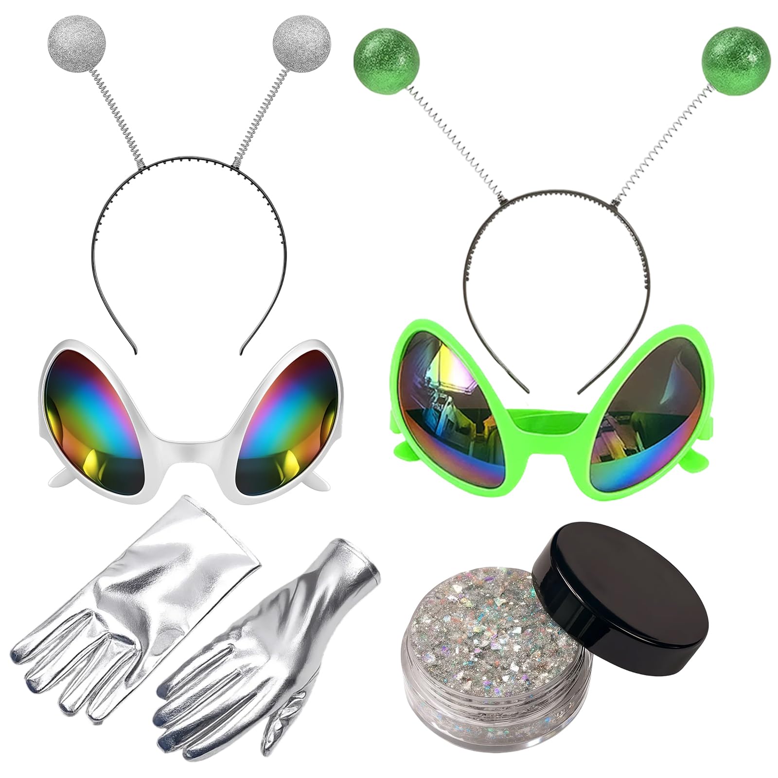 ZPSCXQ 1Pcs Alien Costume Set, Alien Headband with Glasses and Gloves, Holographic Glitter Accessories for Halloween Cosplay, Party Favors for Women Men Kids