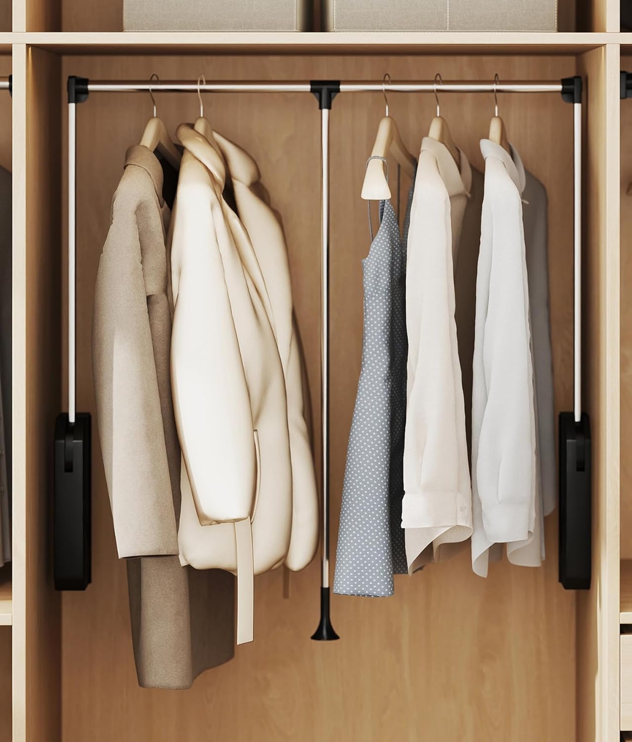 tonchean Pull Down Closet Rod, Stainless Steel 35-48 Inch Adjustable Closet Rod for Hanging Clothes Side & Back Mounted, Heavy Duty Wardrobe Lift Rail Organizer Two-way Buffering 60Lbs Load Capacity