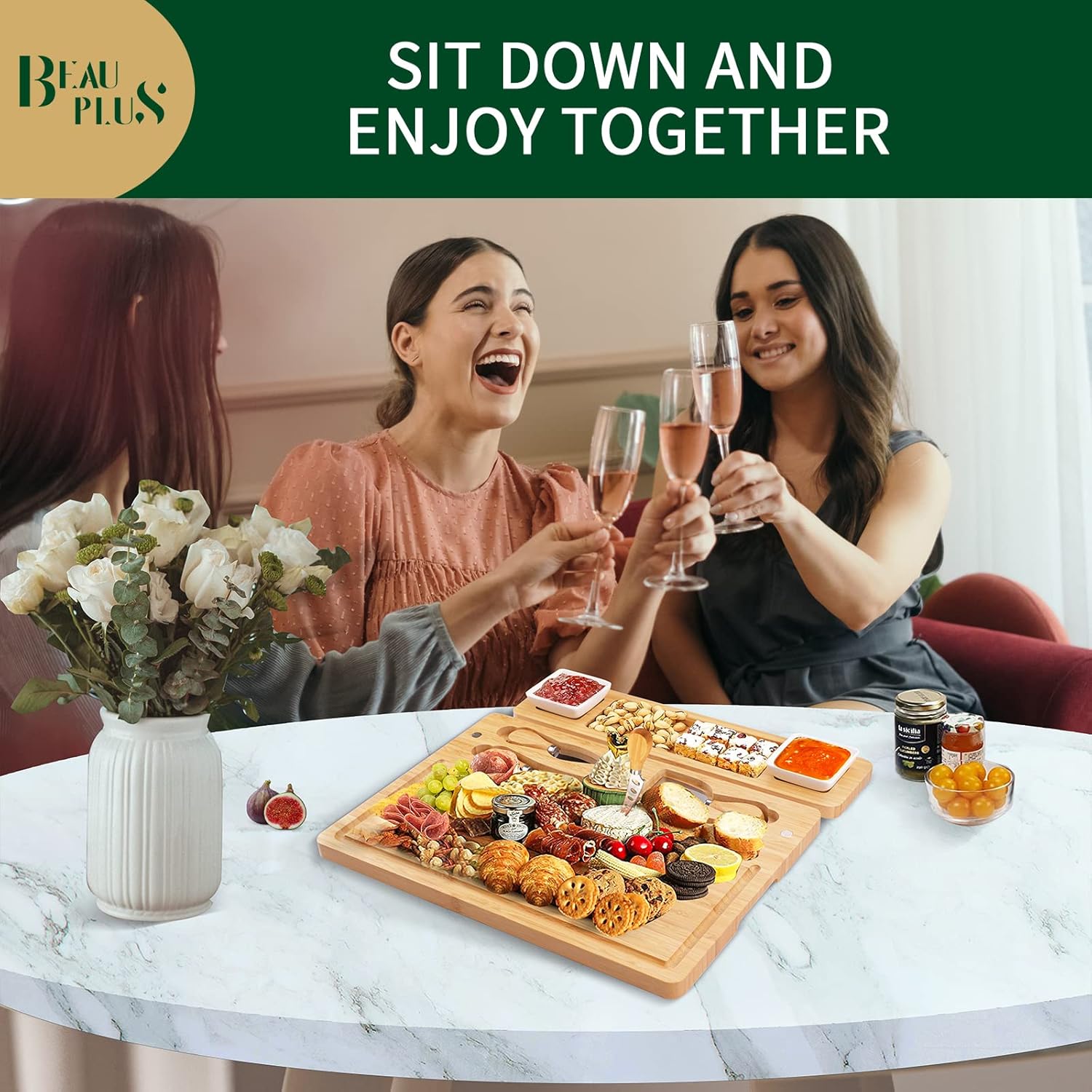 Charcuterie Boards Set, Cheese Board and Knife Set with 2 Ceramic Bowls, Bamboo Cheese Tray Serving Board - Unique, Wedding, Housewarming, Birthday Gifts - Image 8