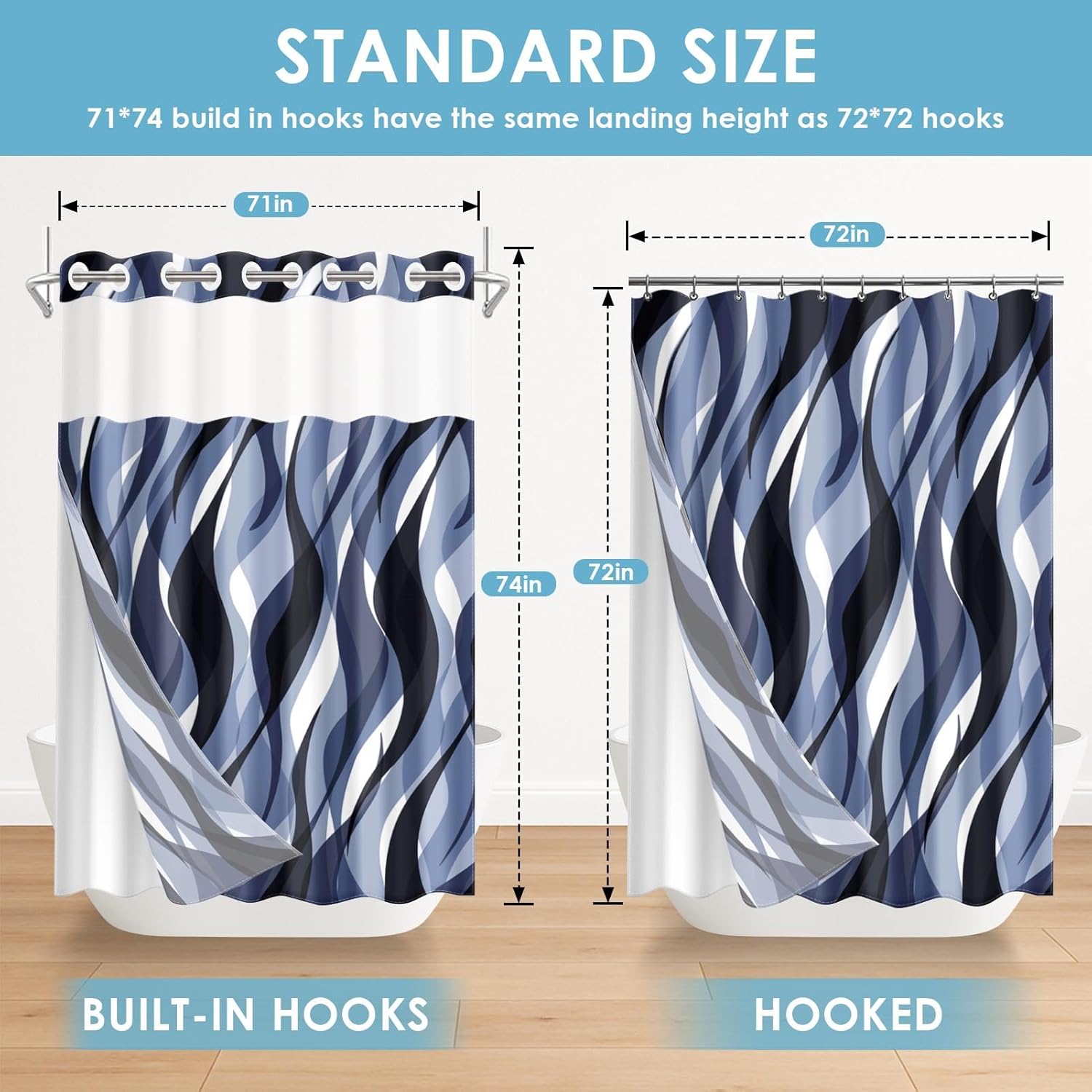 No Hook Blue Shower Curtain with Snap in Fabric Liner Set, Modern Abstract Striped Double Layers Waterproof Fabric with See Through Top Window Open Grommet Bath Curtain 71x74 Inch