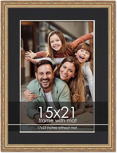 Miniatura 1 de Marco de 15 x 21 pulgadas con paspartú, marco dorado antiguo de 17 x 23 pulgadas, madera hecho para exhibir impresión o póster de 15 x 21 pulgadas