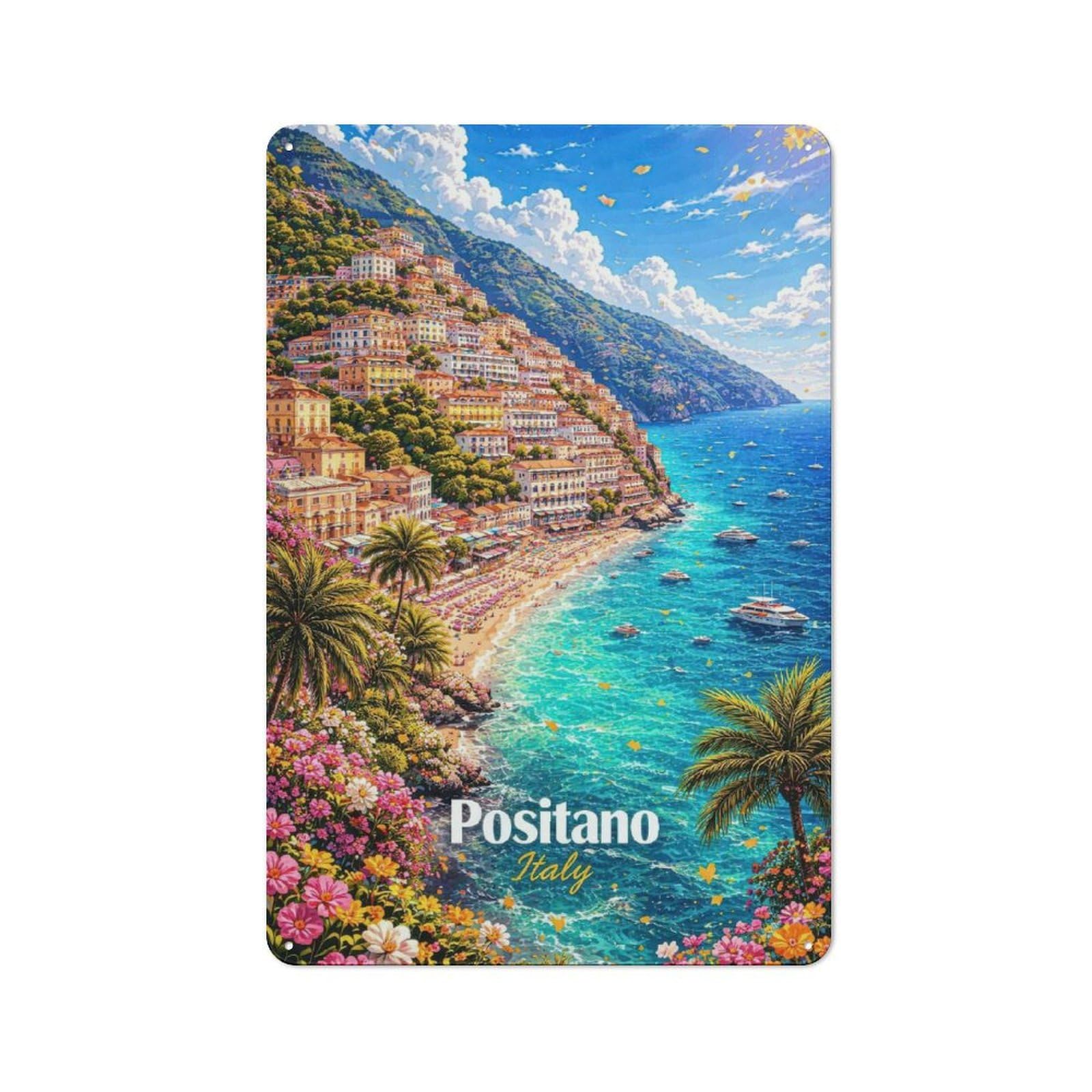 Junmoney Style-1 Positano Italy Coastal Town Classic Metal Wall Decor 30X20cm, Metal Wall Plaque For Hobby Room, Office, Lounge Or Living Room