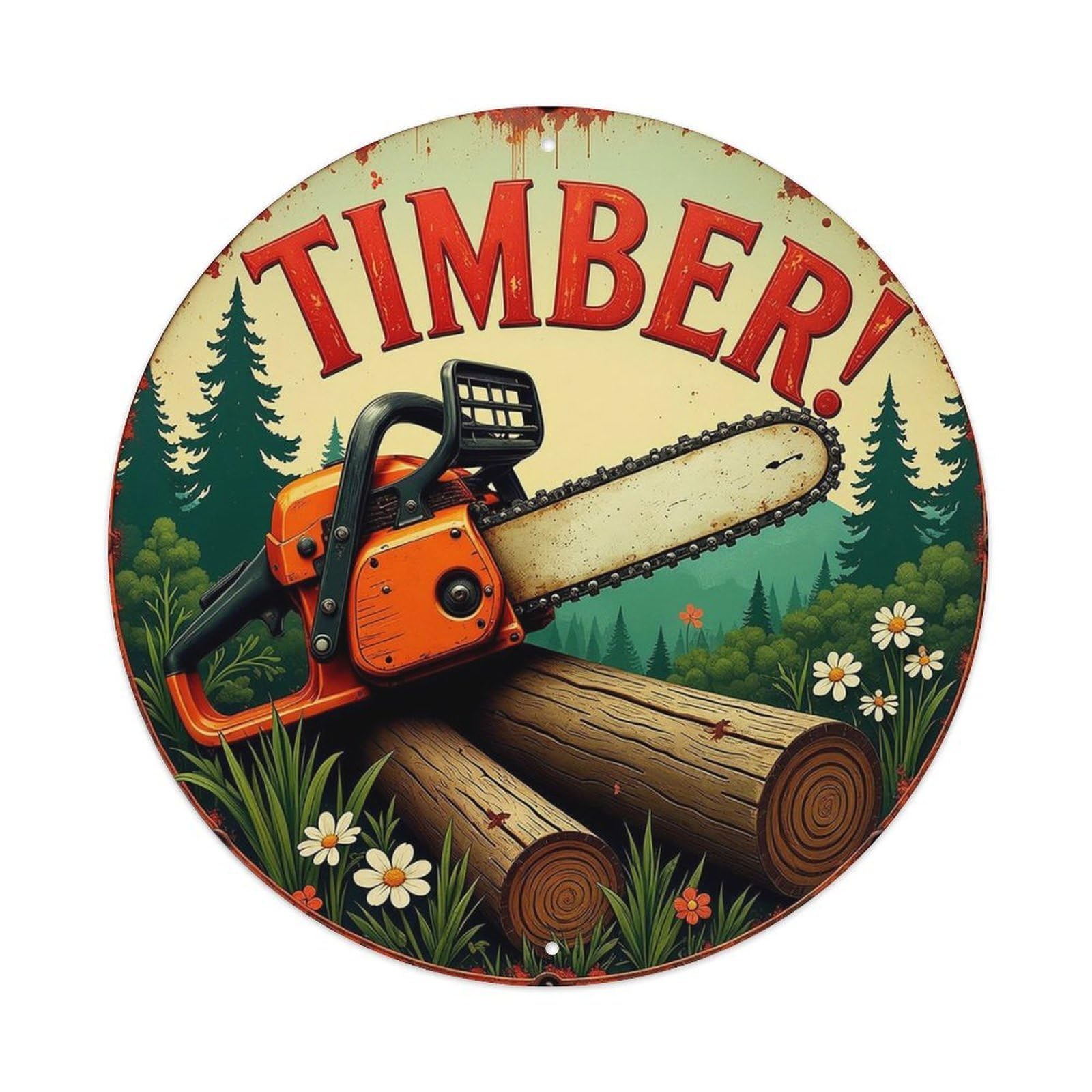 Timber Chainsaw Logs Forest Scene Tin Sign Metal Poster Vintage Metal Signs for Home Man Cave Bar Cafe Kitchen laundry room Wall Decorations 8x8 inches