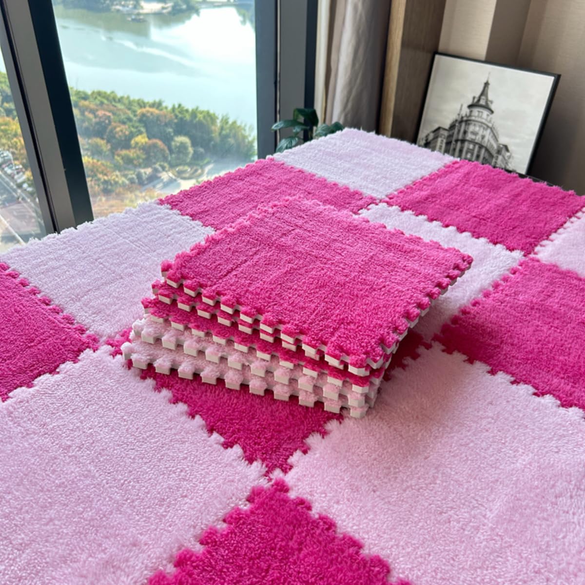 Haklein 10Pcs 30x30x1cm Plush Foam Puzzle Area Rug, Soft Interlocking Carpet Mats for Bedroom Livingroom Playroom Gym Yoga,Cuttable Floor Mat (Rose and Pink)