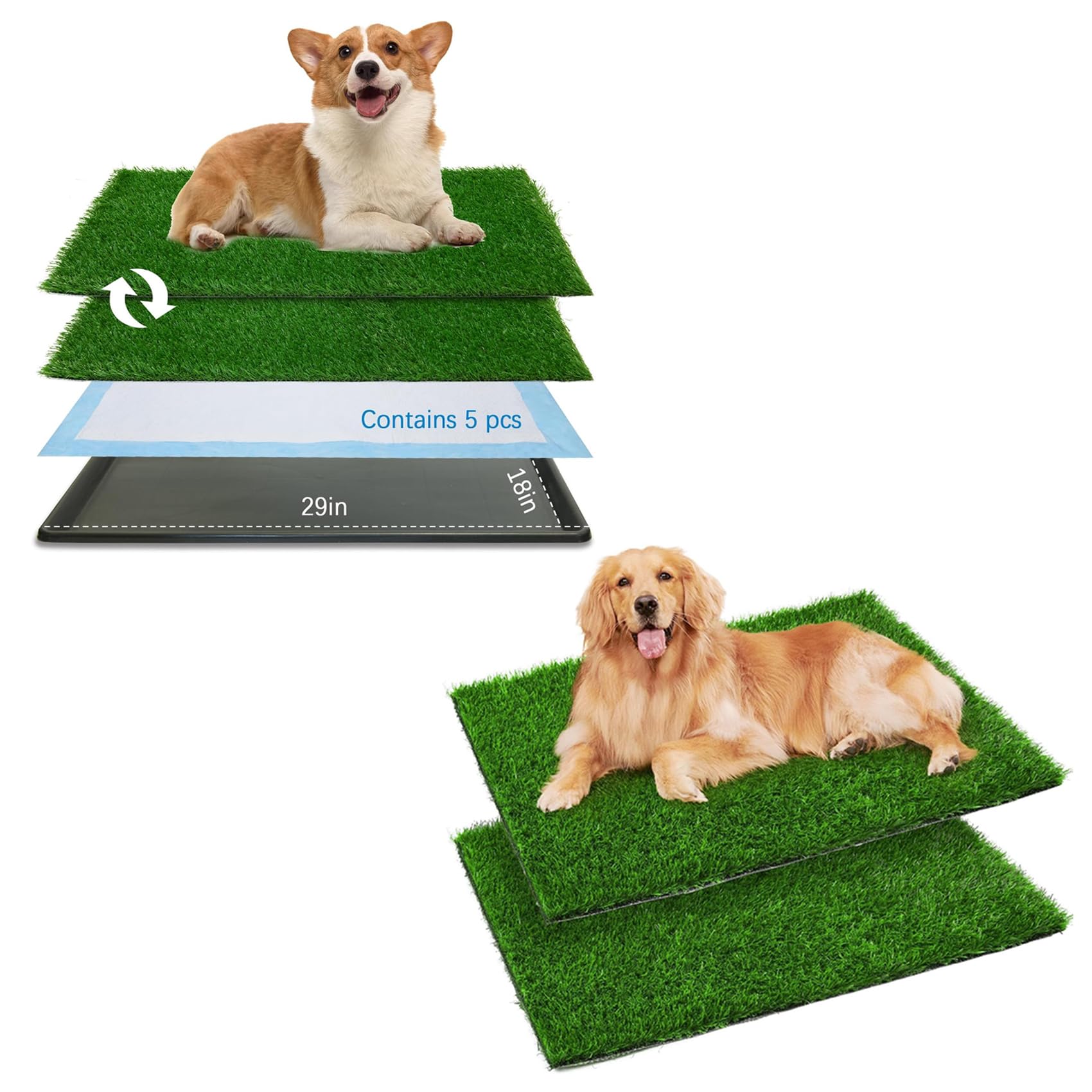Dog Grass Pee Training Pads with Tray and 4 PCS Fake Grass Replacement Mats(29”x 18” )