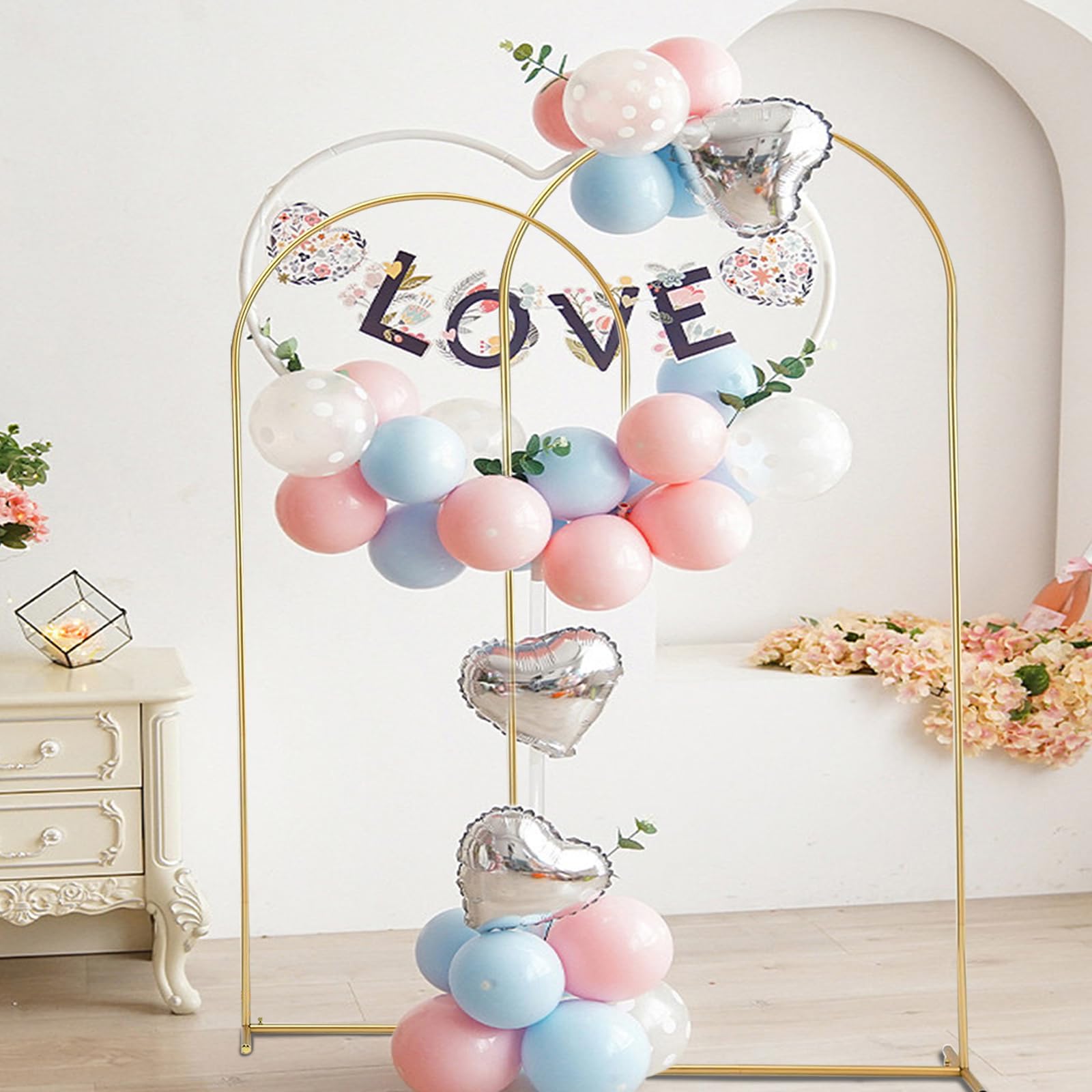 Arco de metal, 2 unidades, soporte de arco de metal para boda, marco de arco dorado, adecuado para bodas, fiestas de cumpleaños, decoración de eventos, se puede utilizar con globos, cintas