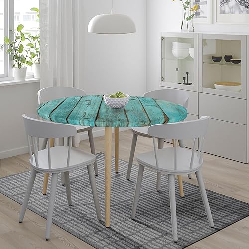 Miniatura 3 de Mantel redondo de grano de madera turquesa desgastado, borde elástico, ajustable para mesas de hasta 45 a 50 pulgadas de diámetro
