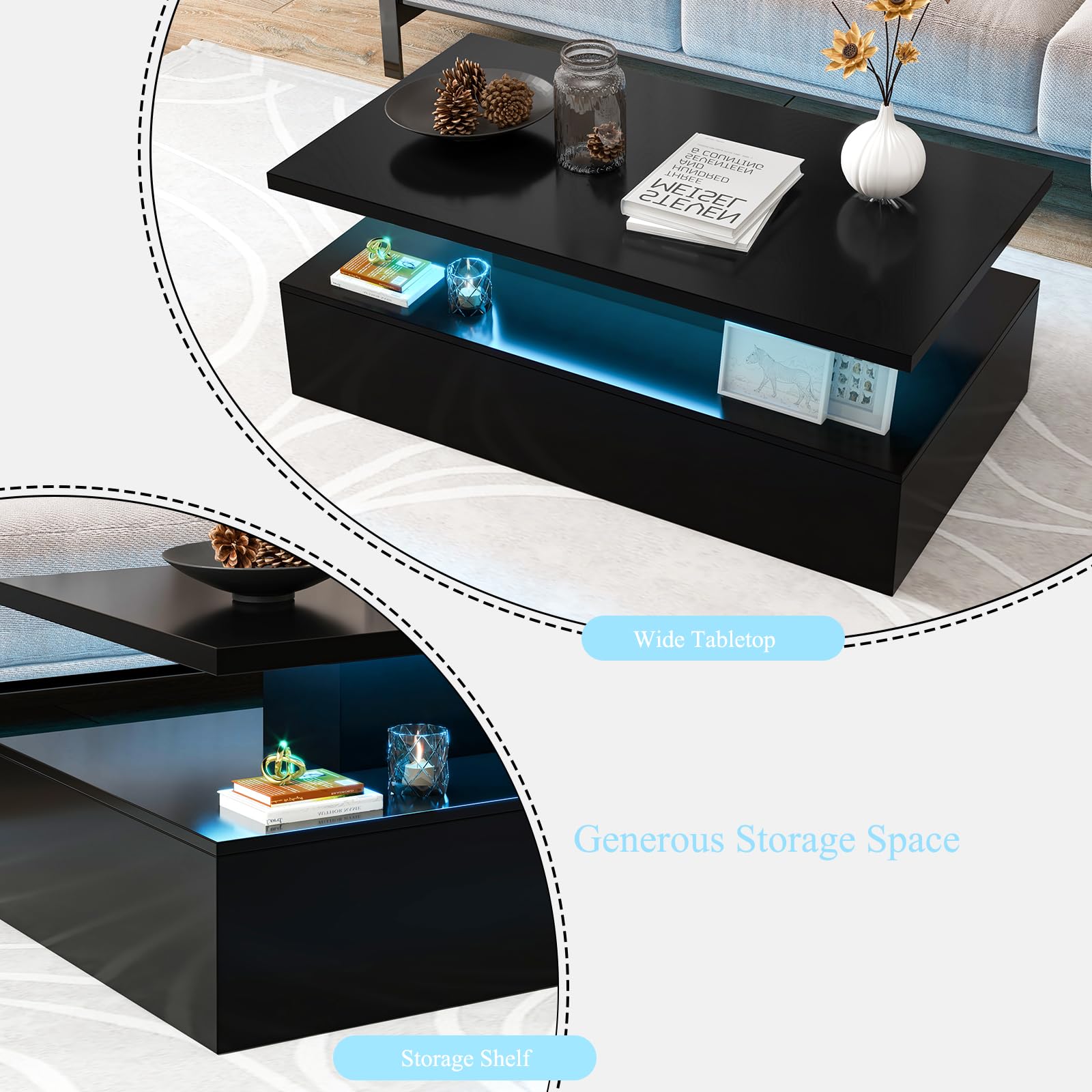 LED Couchtisch Mit Schublade - Wohnzimmertisch Mit USB & Fernbedienung Weiß 95x55cm