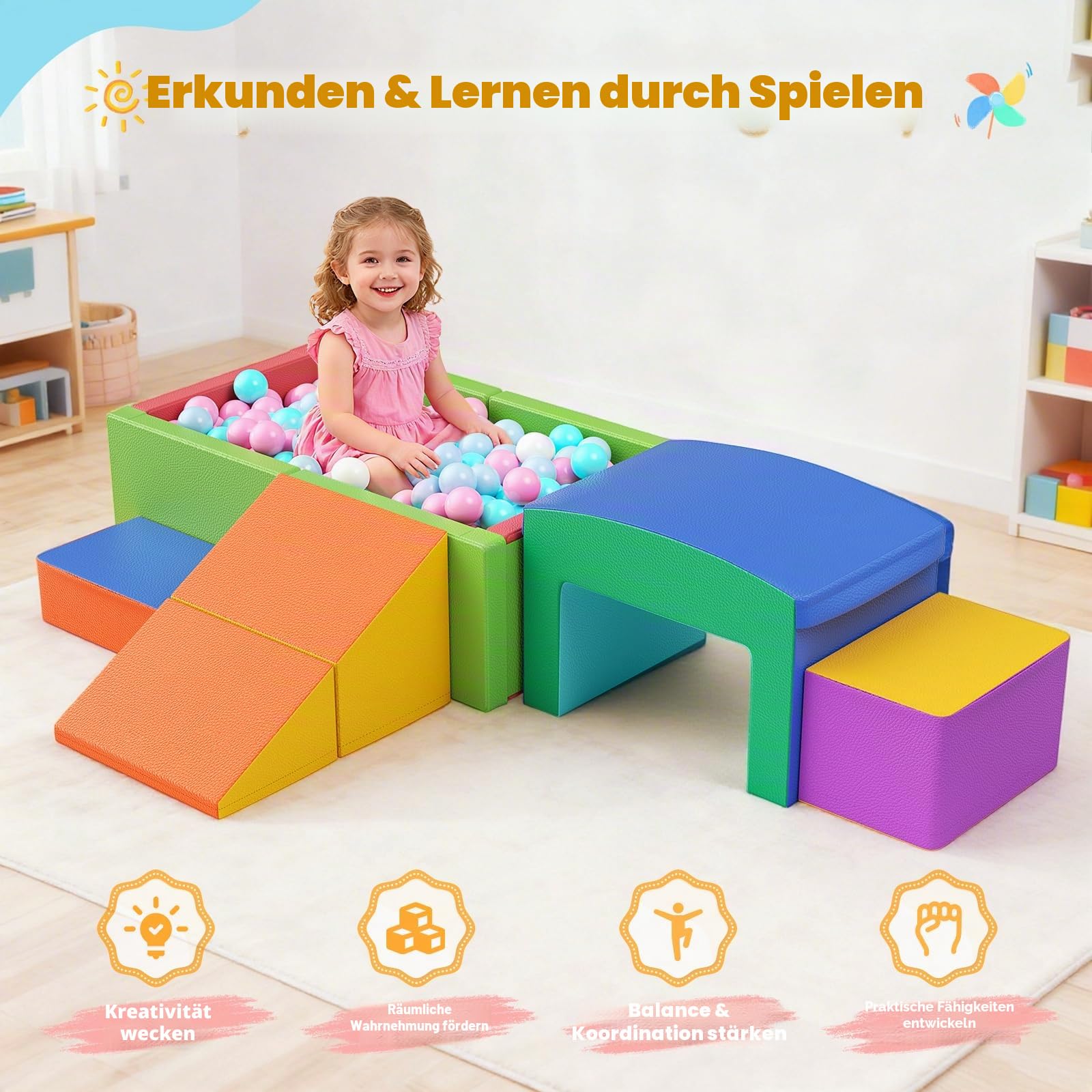 Bällebad Baby 90x56x30cm, Schaumstoff Spielbecken mit PU-Leder, Versteckter Reißverschluss, Waschbar, Abwaschbar, Sicher für Kinder, Faltbar